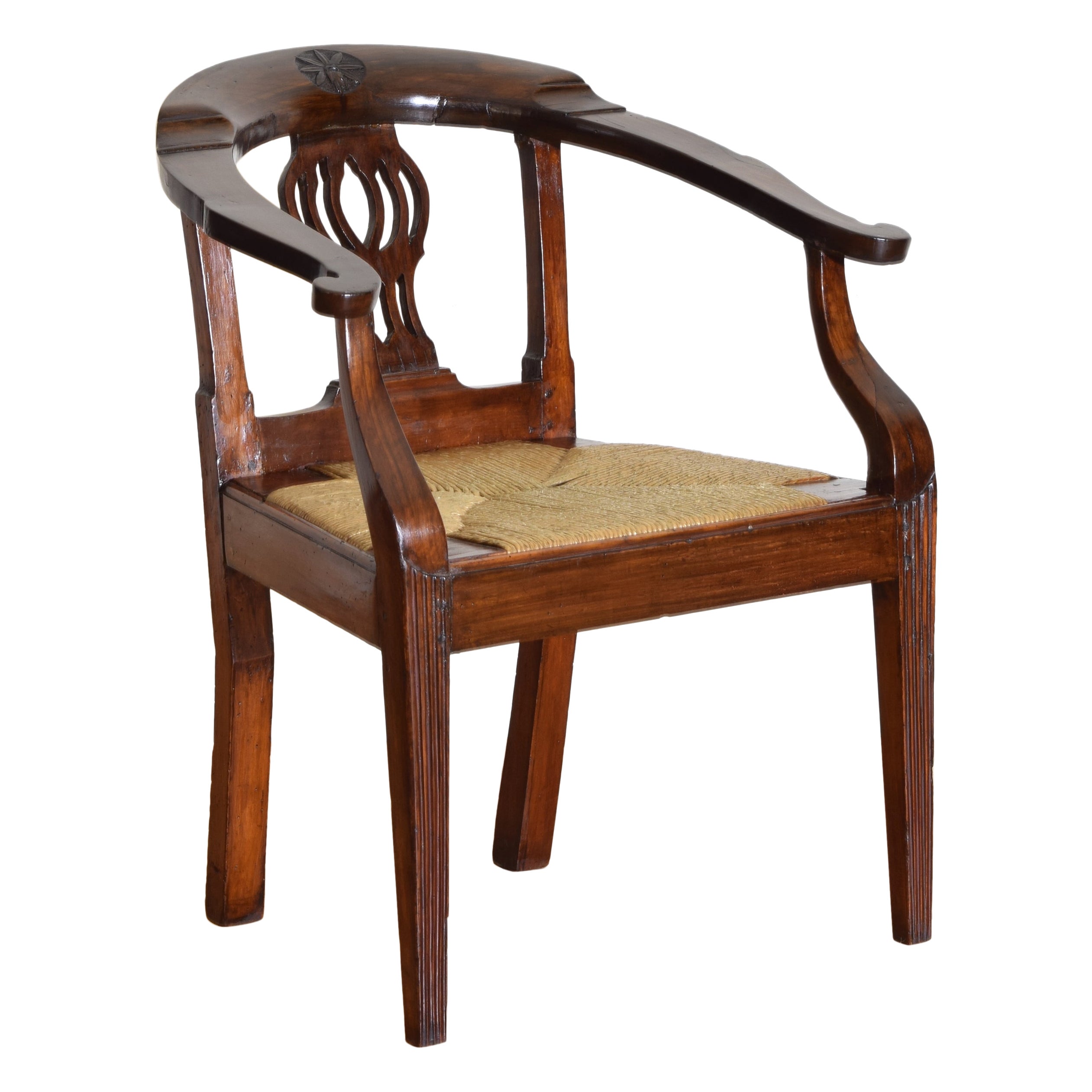 Italian, Toscana, Shaped & Carved Walnut Open Armchair, Rush Seat, late 18th cen For Sale