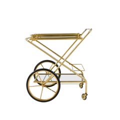 20th Century French Brass and Glass Bar Cart on Wheels