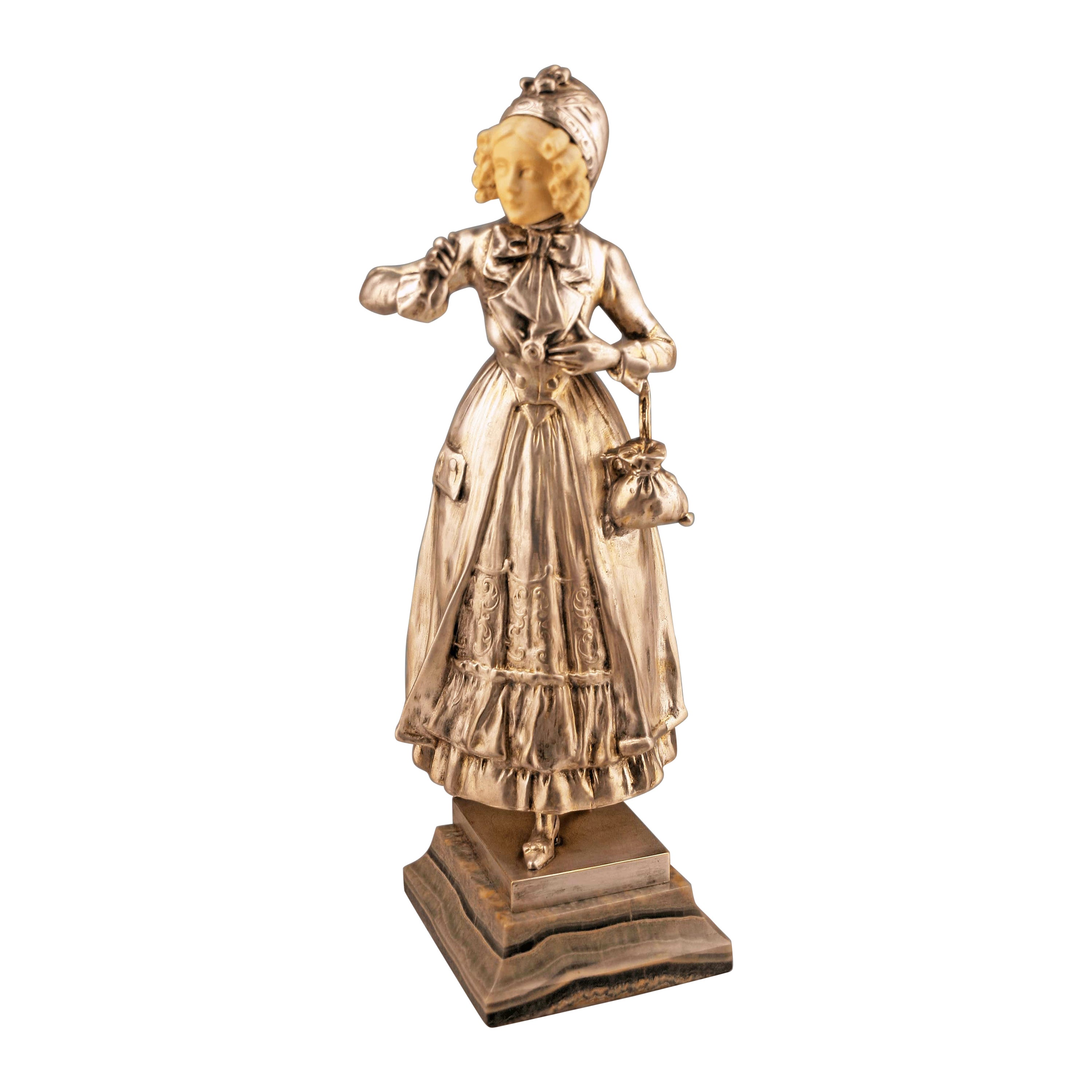 Jugendstil-Skulptur eines Mädchens aus Bronze und elfenbeinfarbener Bronze des österreichischen Ferdinand Lugerth im Angebot