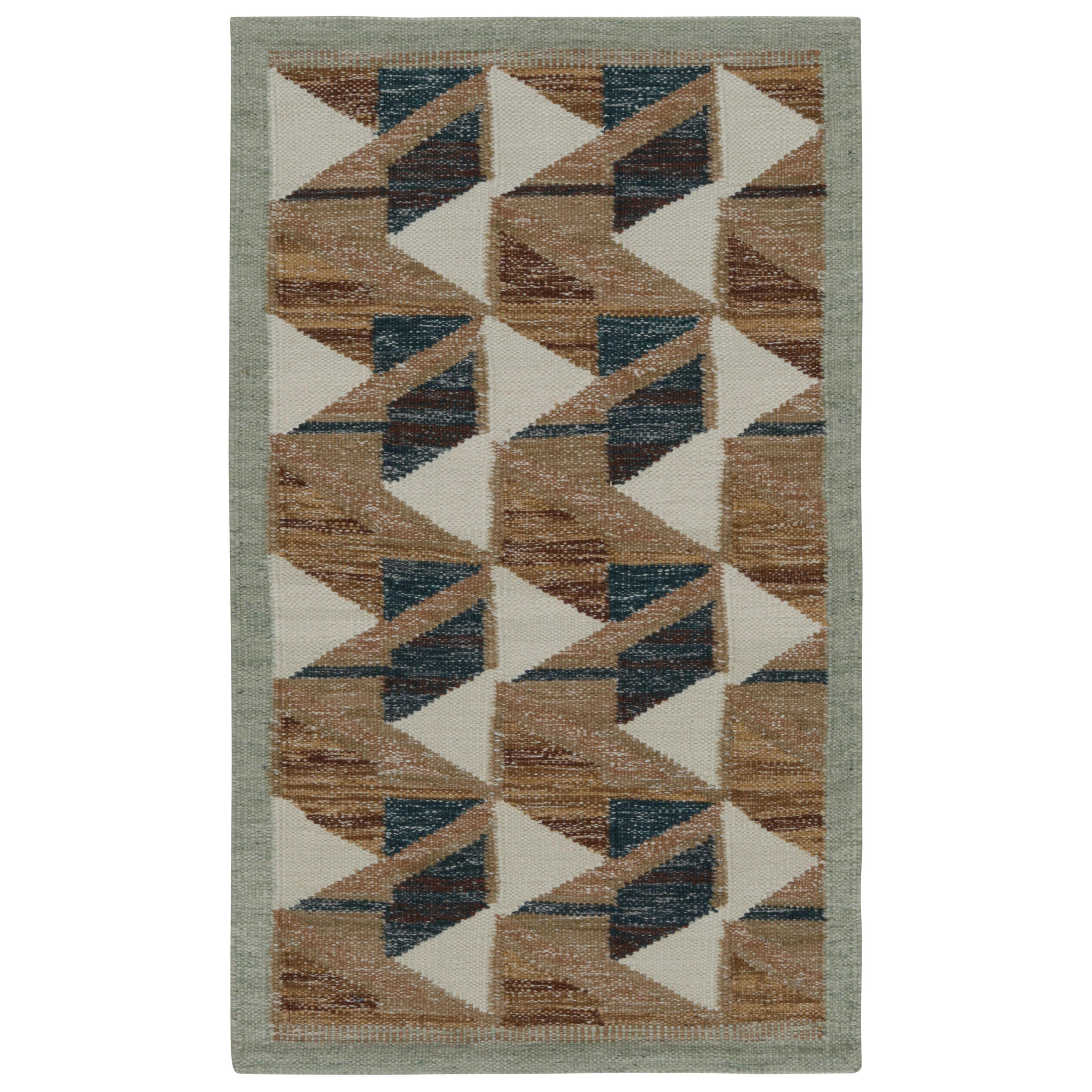 Rug & Kilim’s Scandinavian Style Kilim Rug with Brown & Blue Geometric Patterns For Sale