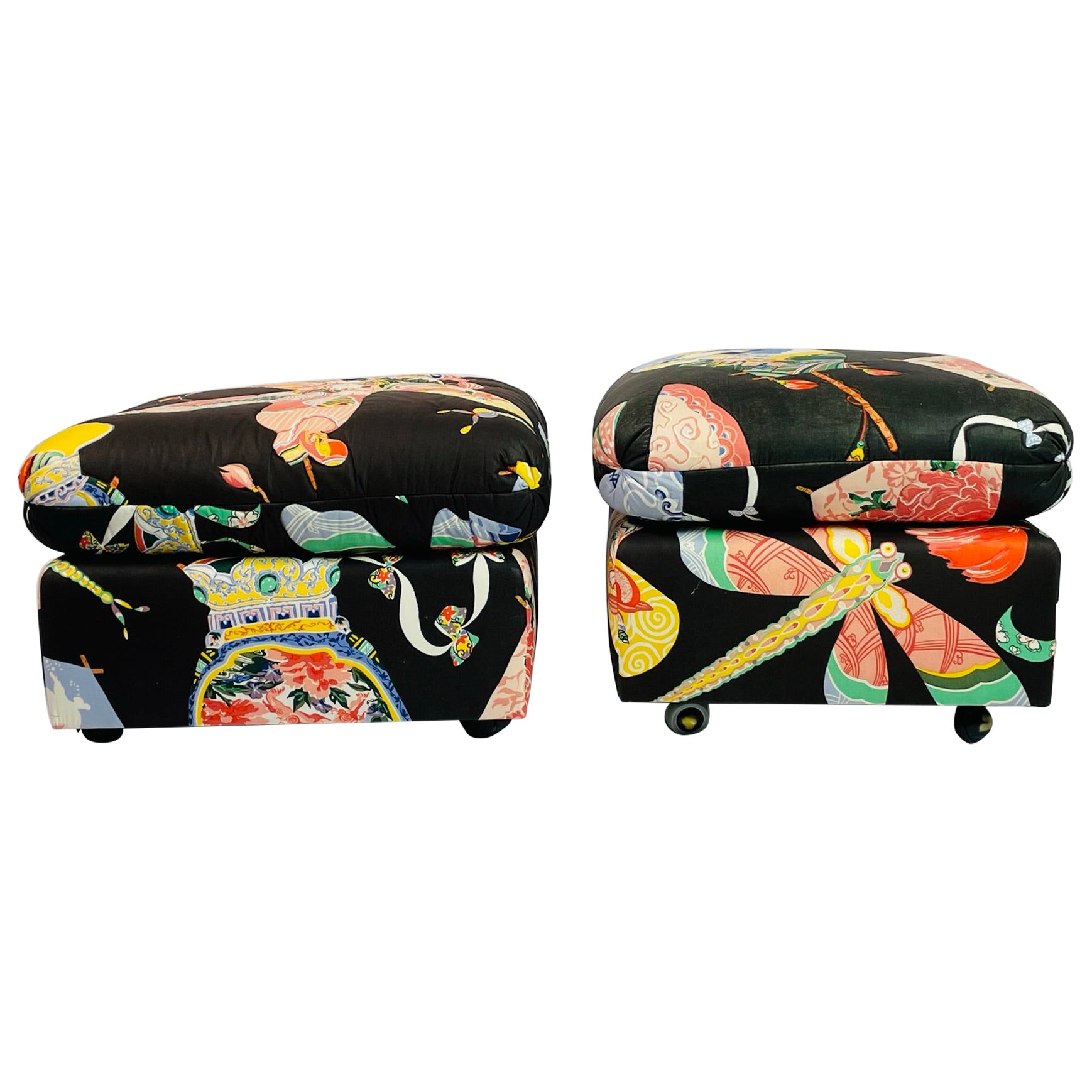 Pair of Vintage Ottomans/Poufs Upholstered in Asian Print Fabric For Sale