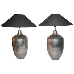 Pair of Table Lamps Silver Hammered Metal Bases, India, Contemporary