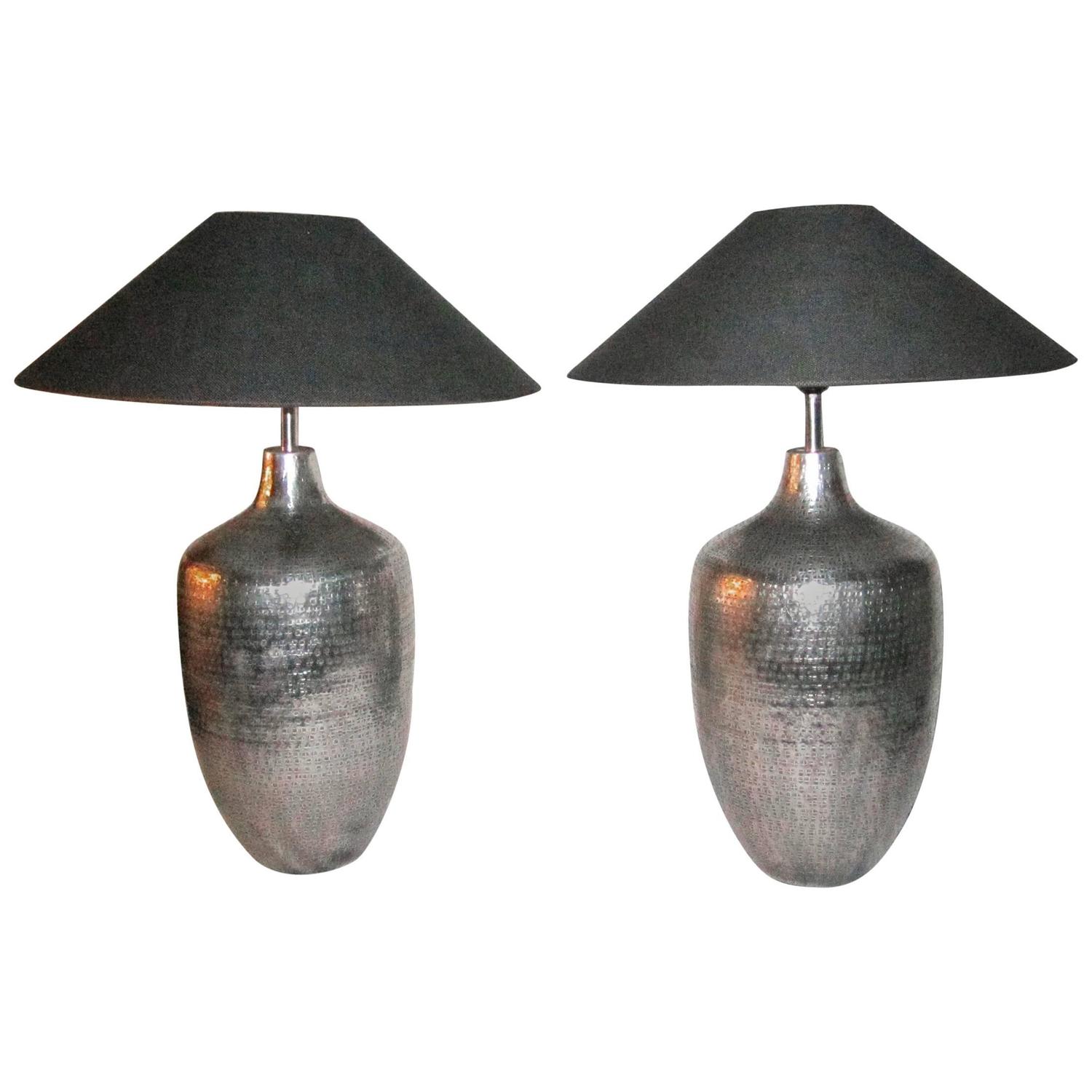 Pair of Table Lamps Silver Hammered Metal Bases, India ...