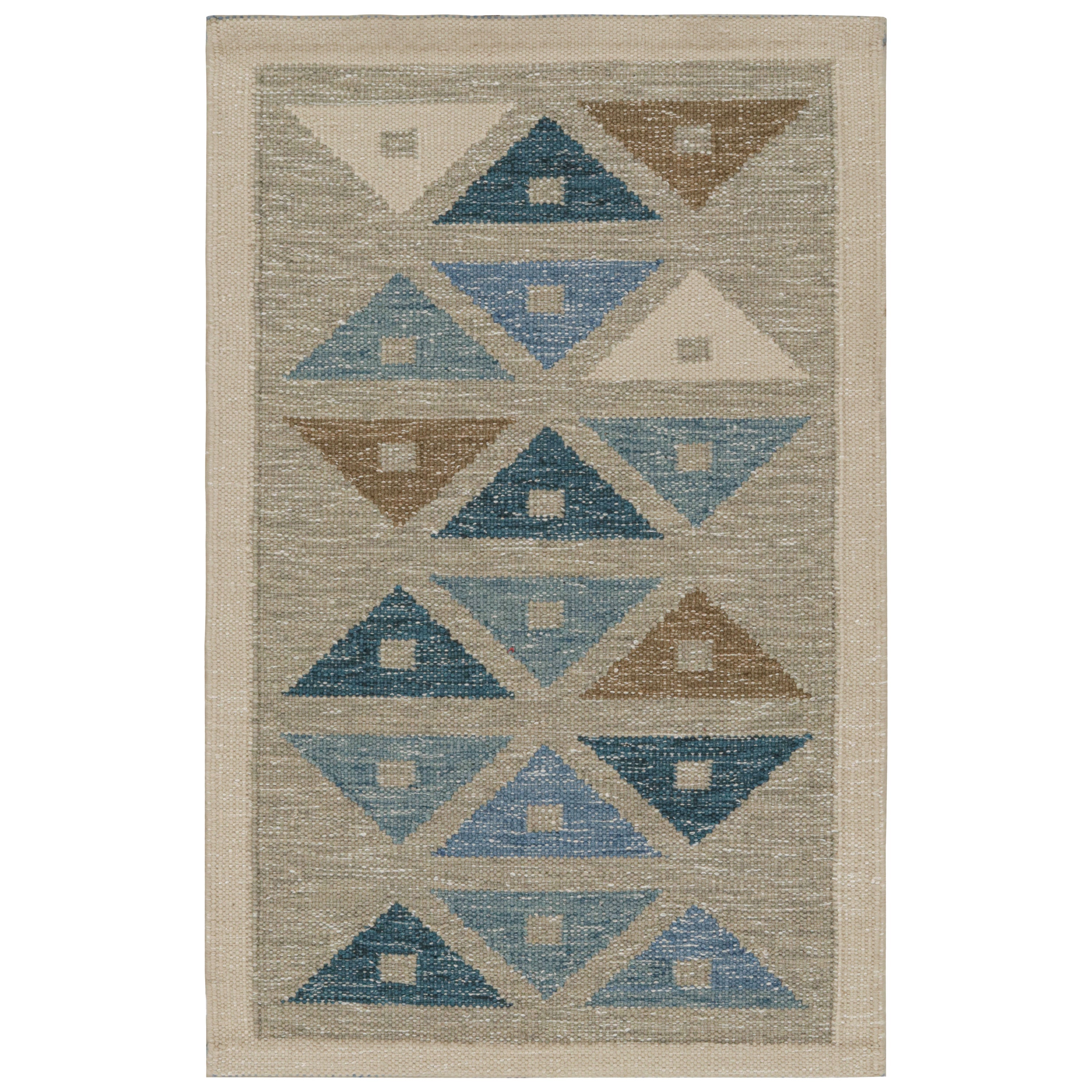 Rug & Kilim’s Scandinavian Style Custom Kilim in Blue & Grey Geometric Patterns For Sale