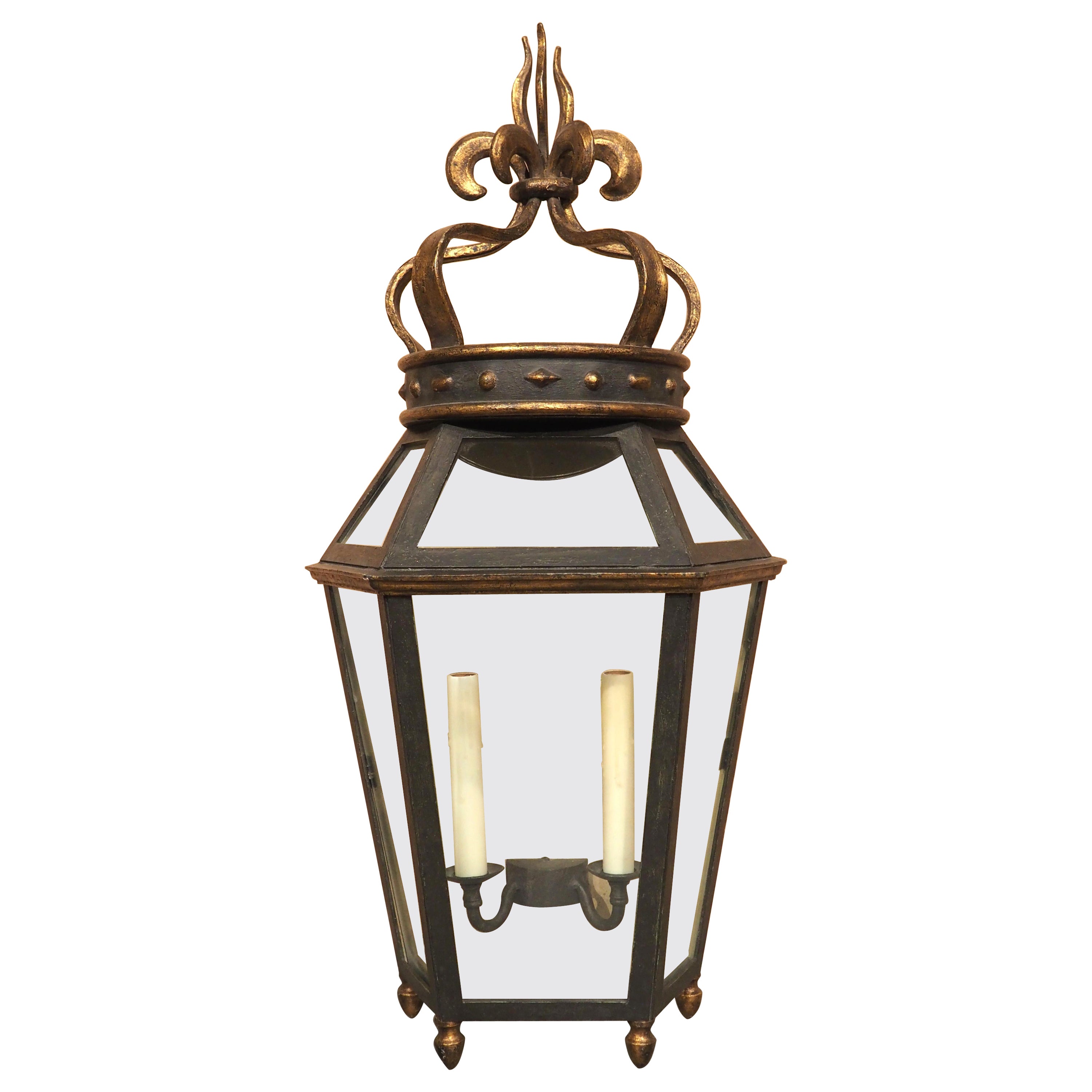 Wrought Iron and Glass Wall Lantern with Crown Finial For Sale