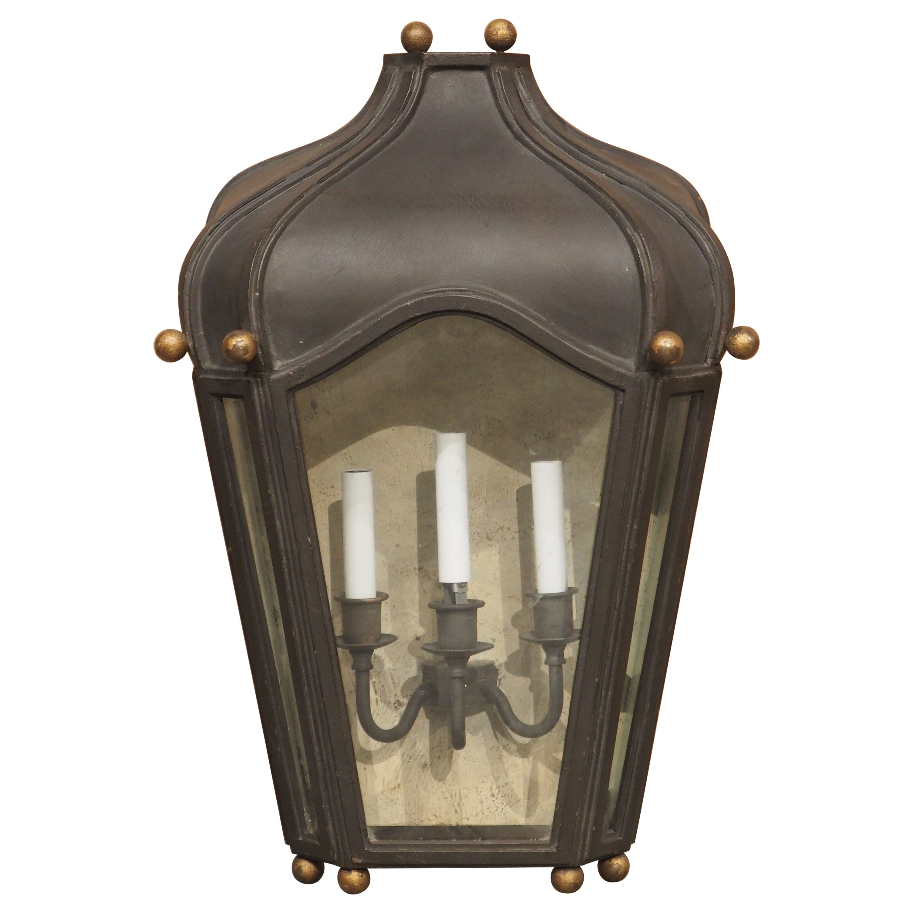 Wrought Iron Wall Lantern with Glass Enclosed 3-Arm Sconce For Sale