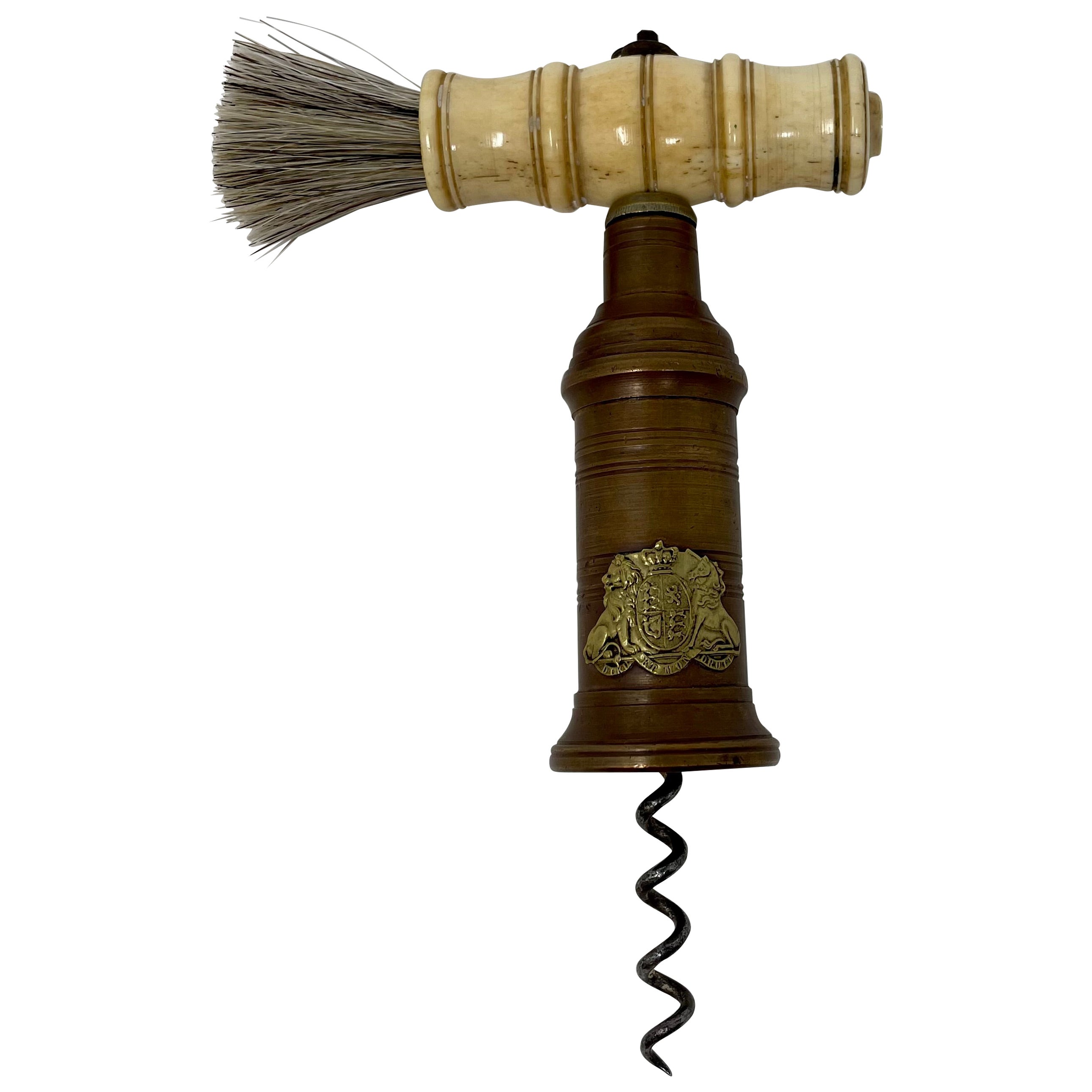 Antique English "Thomason" Ox Bone Handle Corkscrew with Worm Brush c. 1870-1880 For Sale