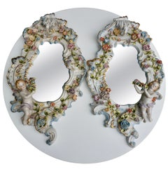 Two Vintage Capodimonte Porcelain Floral Cherub Wall Mirror Dresden