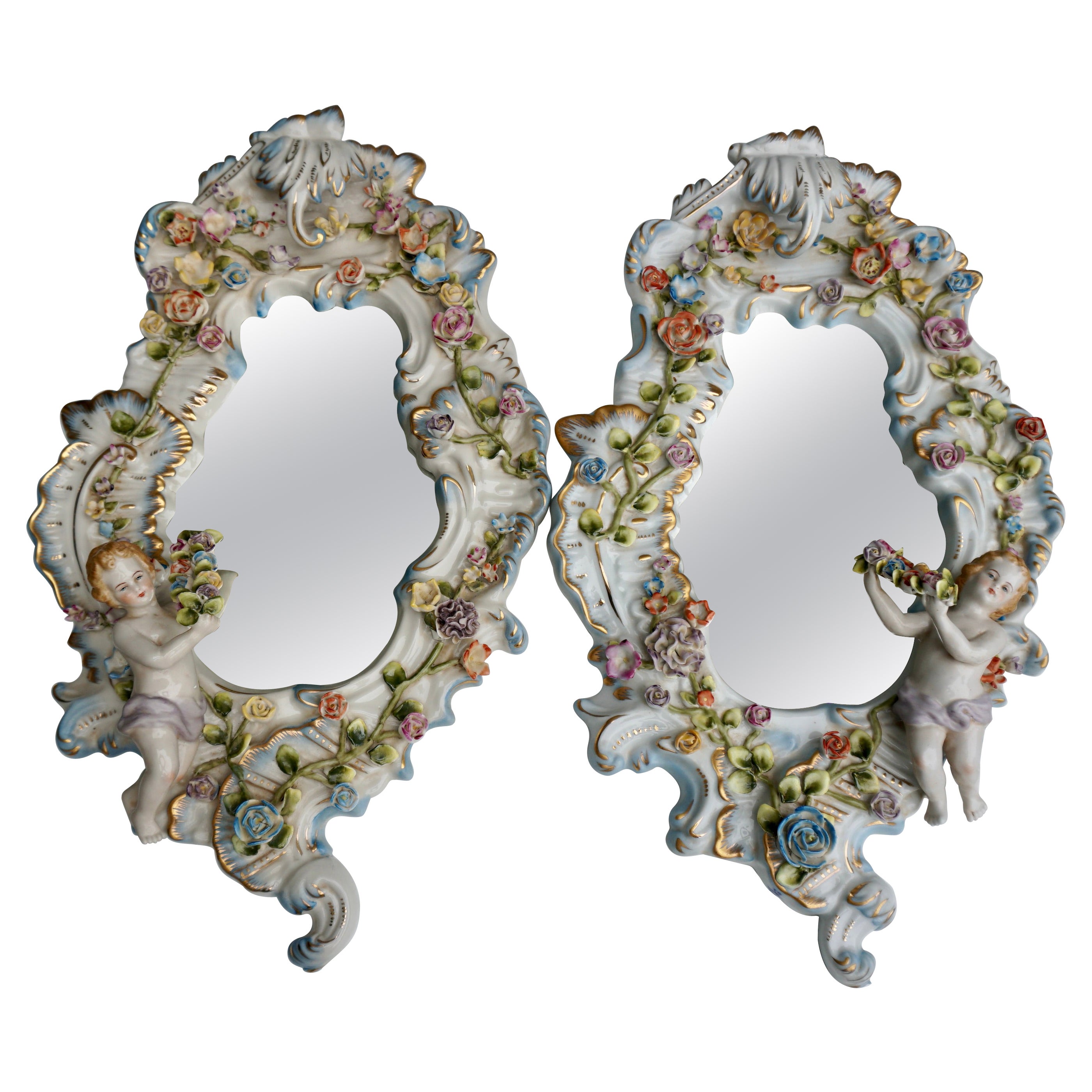 Two Vintage Capodimonte Porcelain Floral Cherub Wall Mirror Dresden For Sale