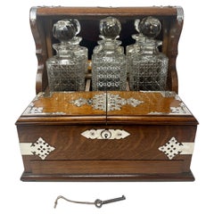 Antique English Oak & Silver Plated 2 Bottle Games Box Tantalus, Circa 1880.