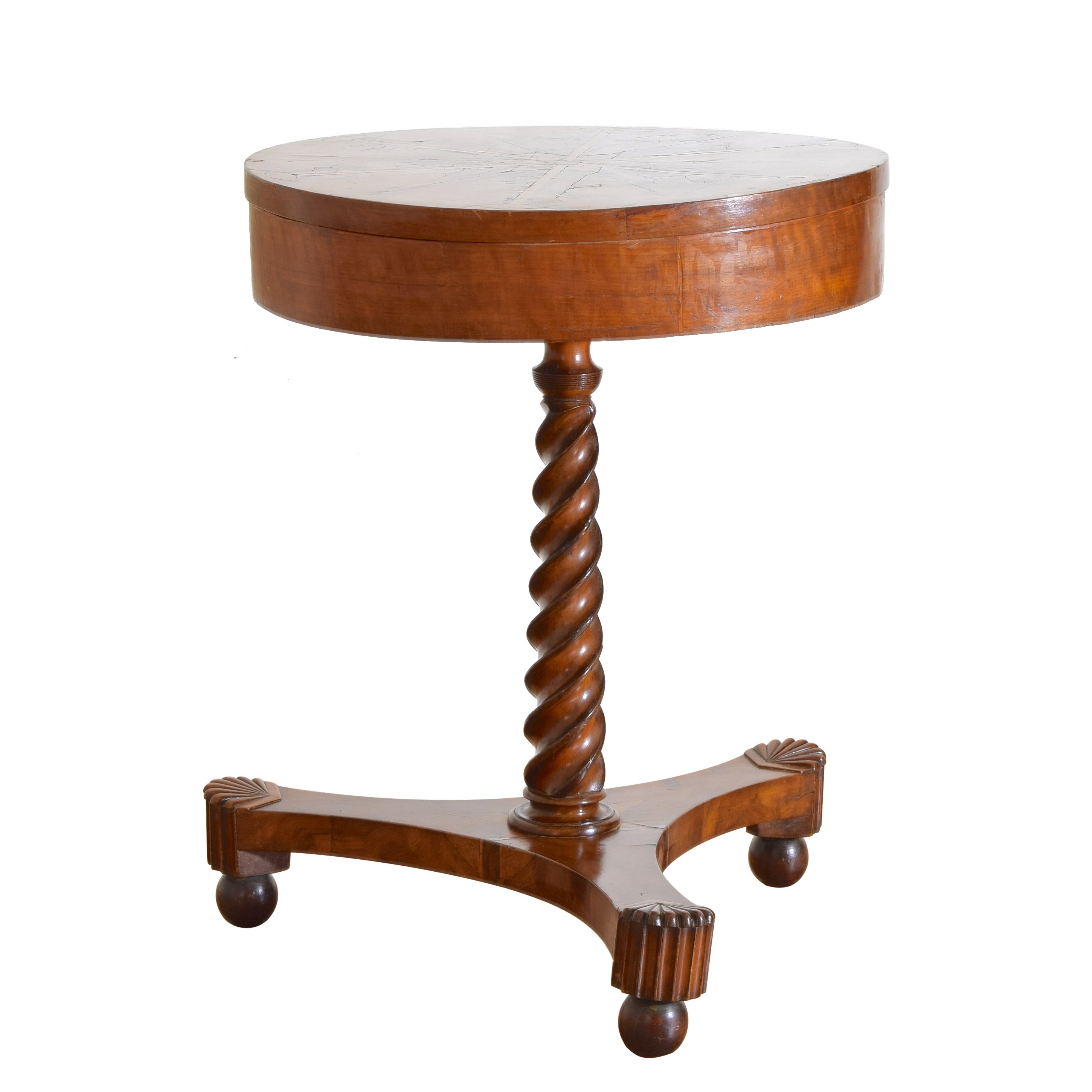 Italian, Emiliana, Neoclassic Turned Walnut & Inlaid Center Table. , ca. 1820-39 For Sale