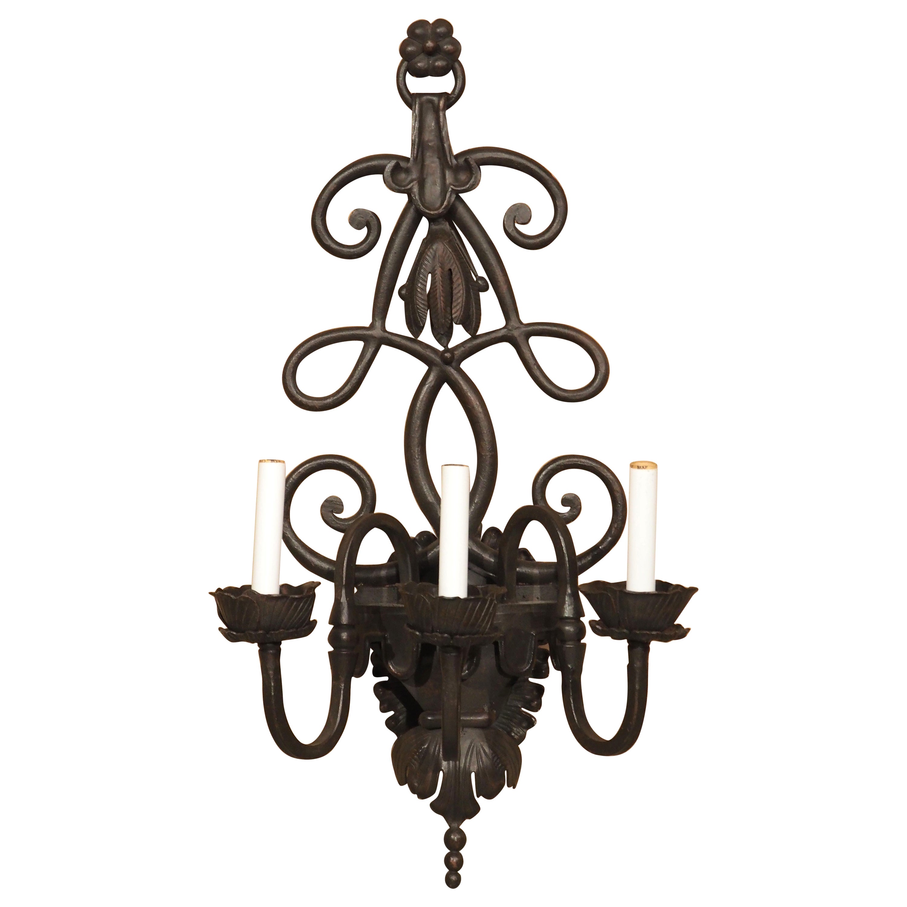 Ornate Wrought Iron 3 Light Sconce in the Spanish Style For Sale