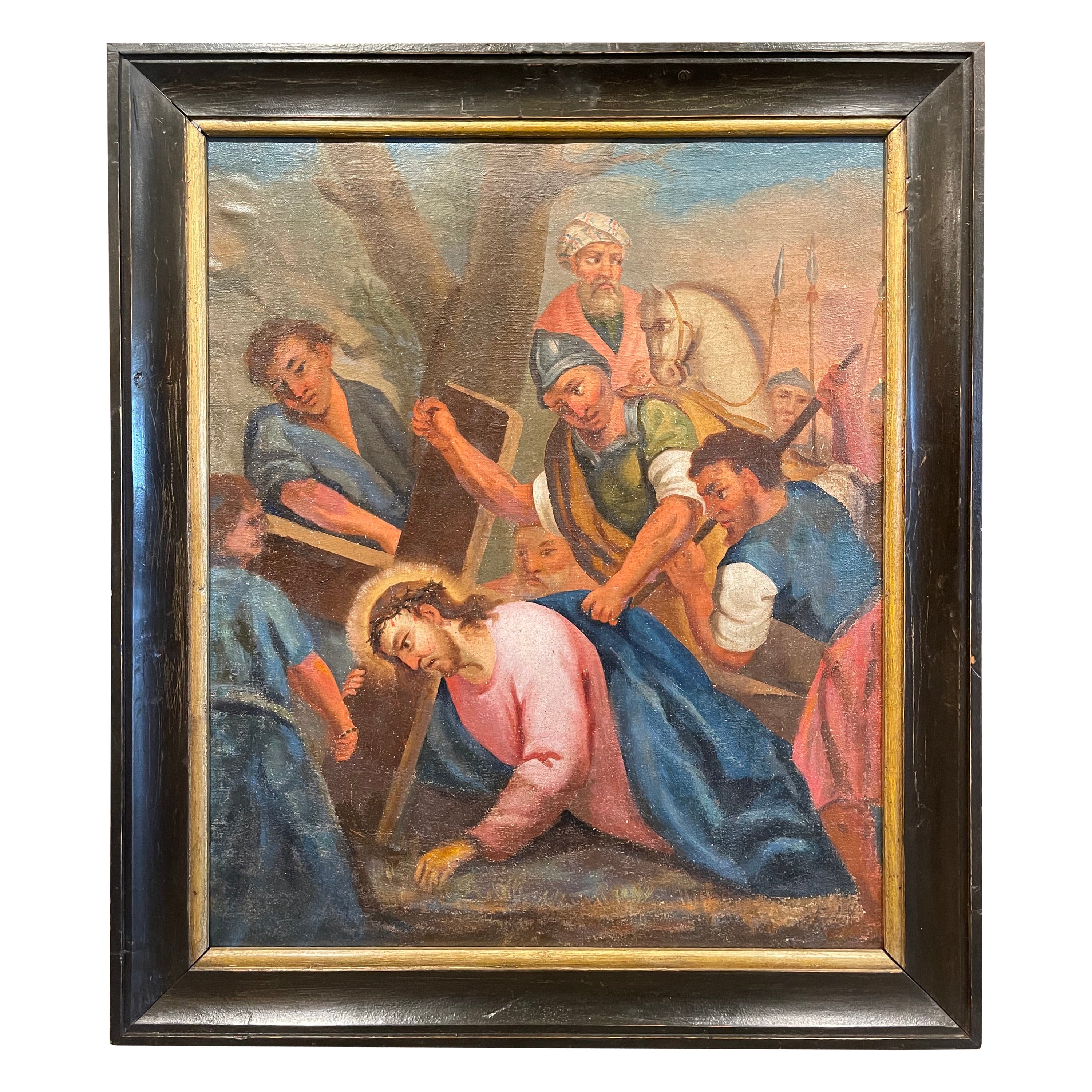 18th Century French Oil on Canvas Painting "Third Station of the Cross"    For Sale