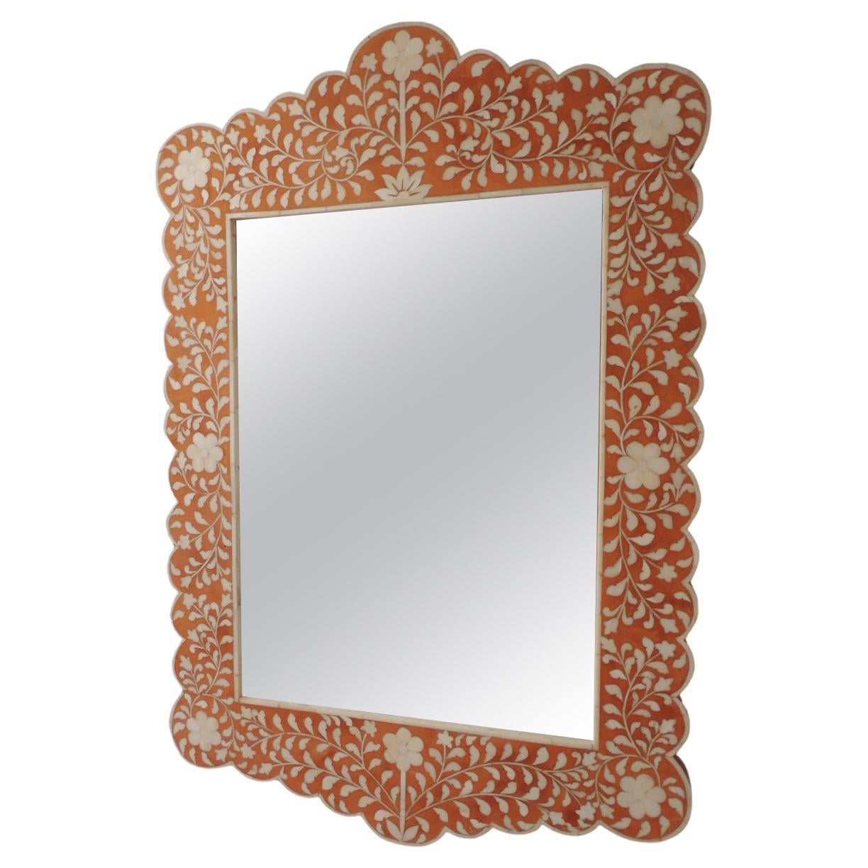 Orange & Natural Faux-Camel Bone Inlaid Floral Pattern Mirror