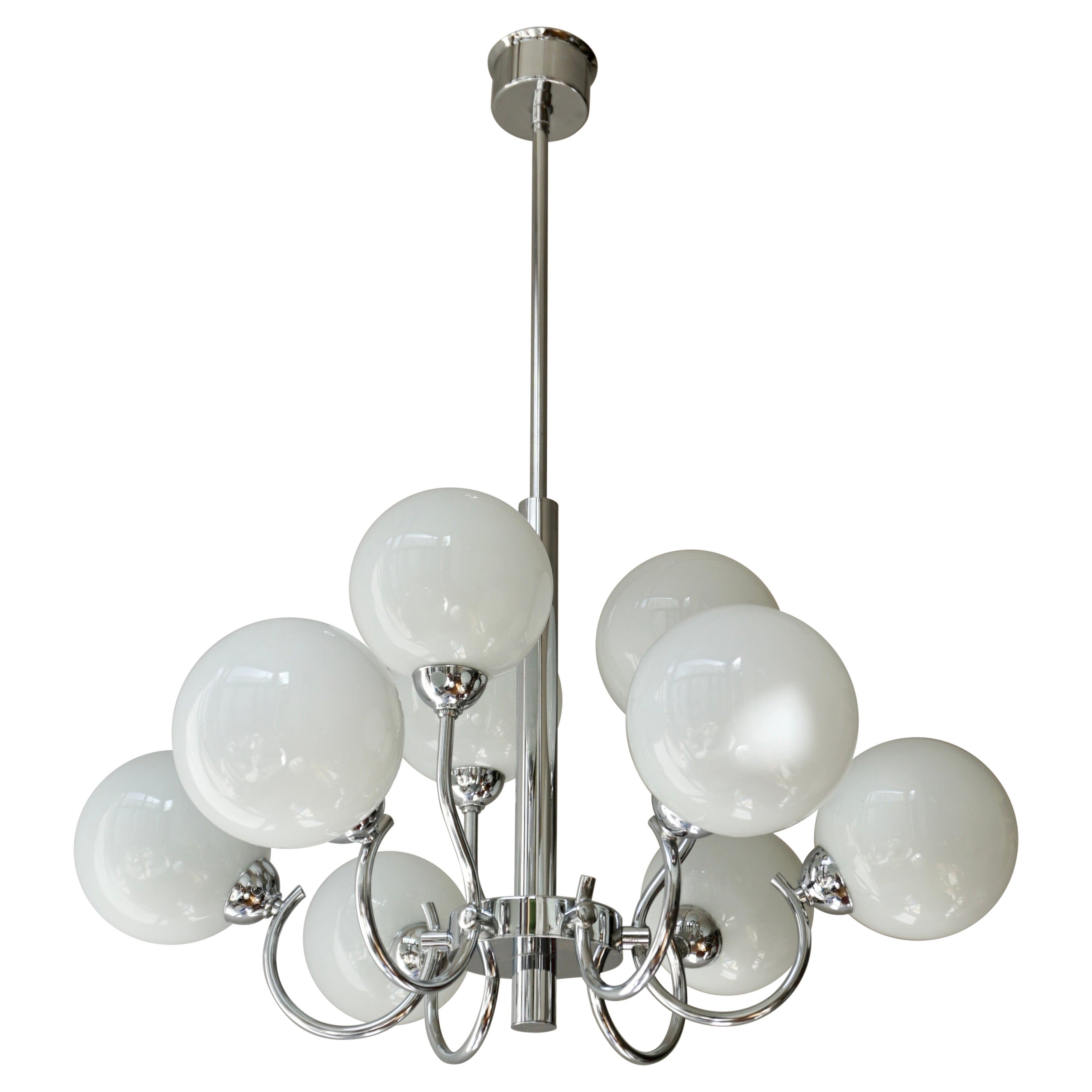 Vintage Chandelier in Chrome and Opaline Glass For Sale