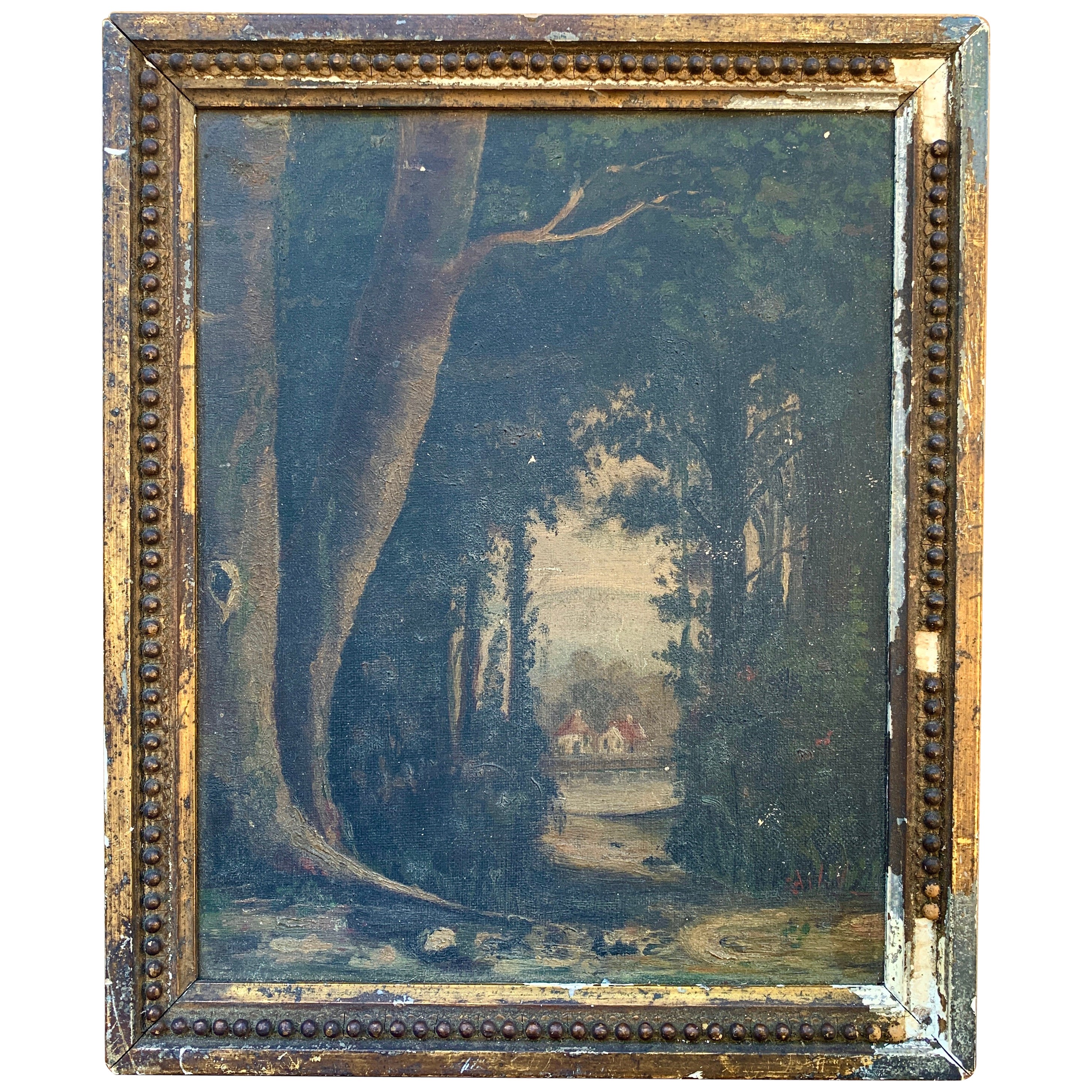 Ancienne huile sur toile encadrée, paysage de forêt, fin du 19ème siècle
