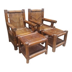 Retro Budji Layug Style Majestic Jumbo Bamboo Pagoda Lounge Chairs W/ Ottomans, Pair