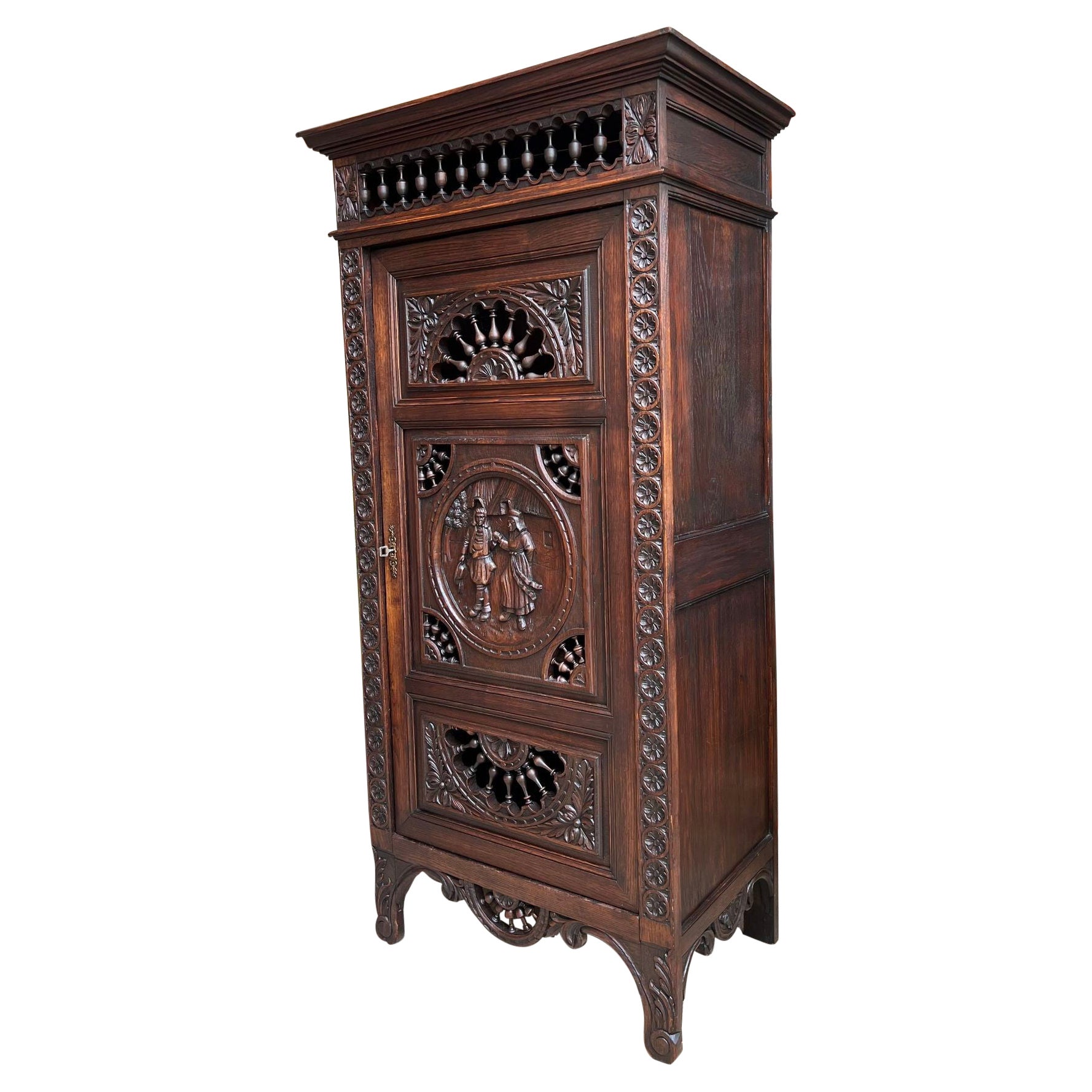 Antique French Carved Bonnetiere Armoire Cabinet Brittany Breton Ship Spindle For Sale