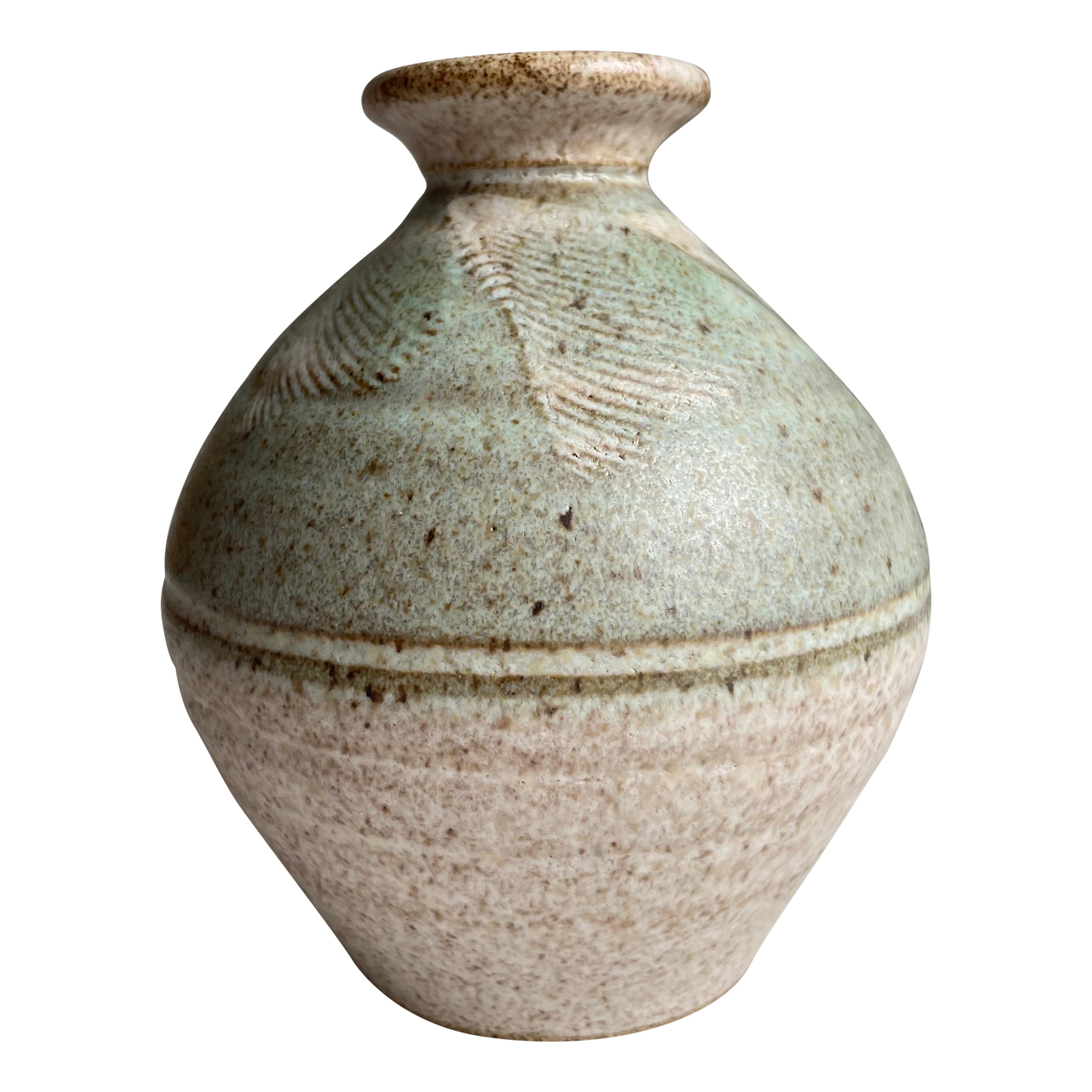 Green, Sand Colored Ceramic Vase with Lined Decor For Sale
