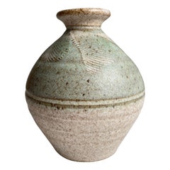 Green, Sand Colored Ceramic Vase with Lined Decor