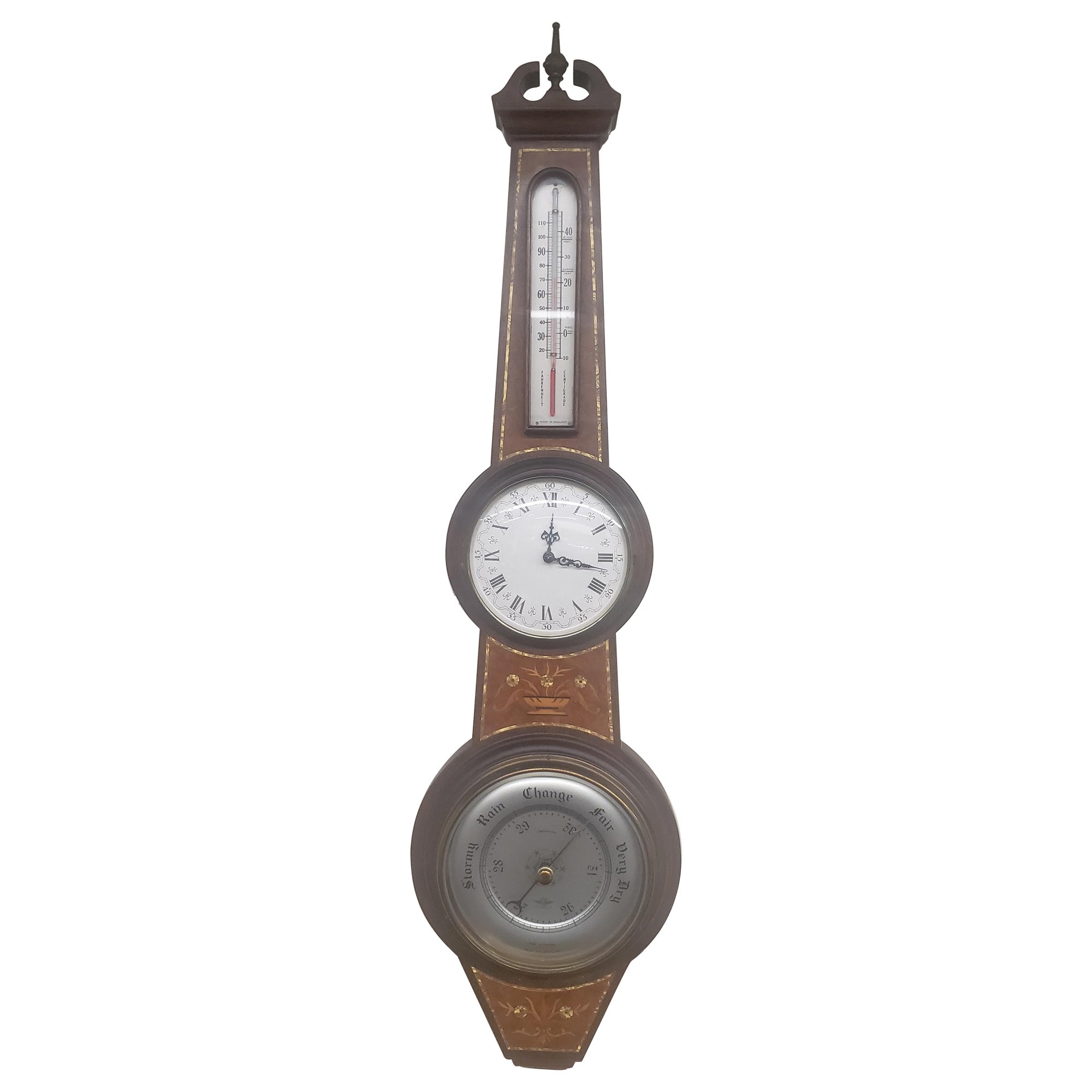 Mid-Century English Inlaid Burlwood Barometer / Thermometer