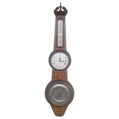 Retro Mid-Century English Inlaid Burlwood Barometer / Thermometer