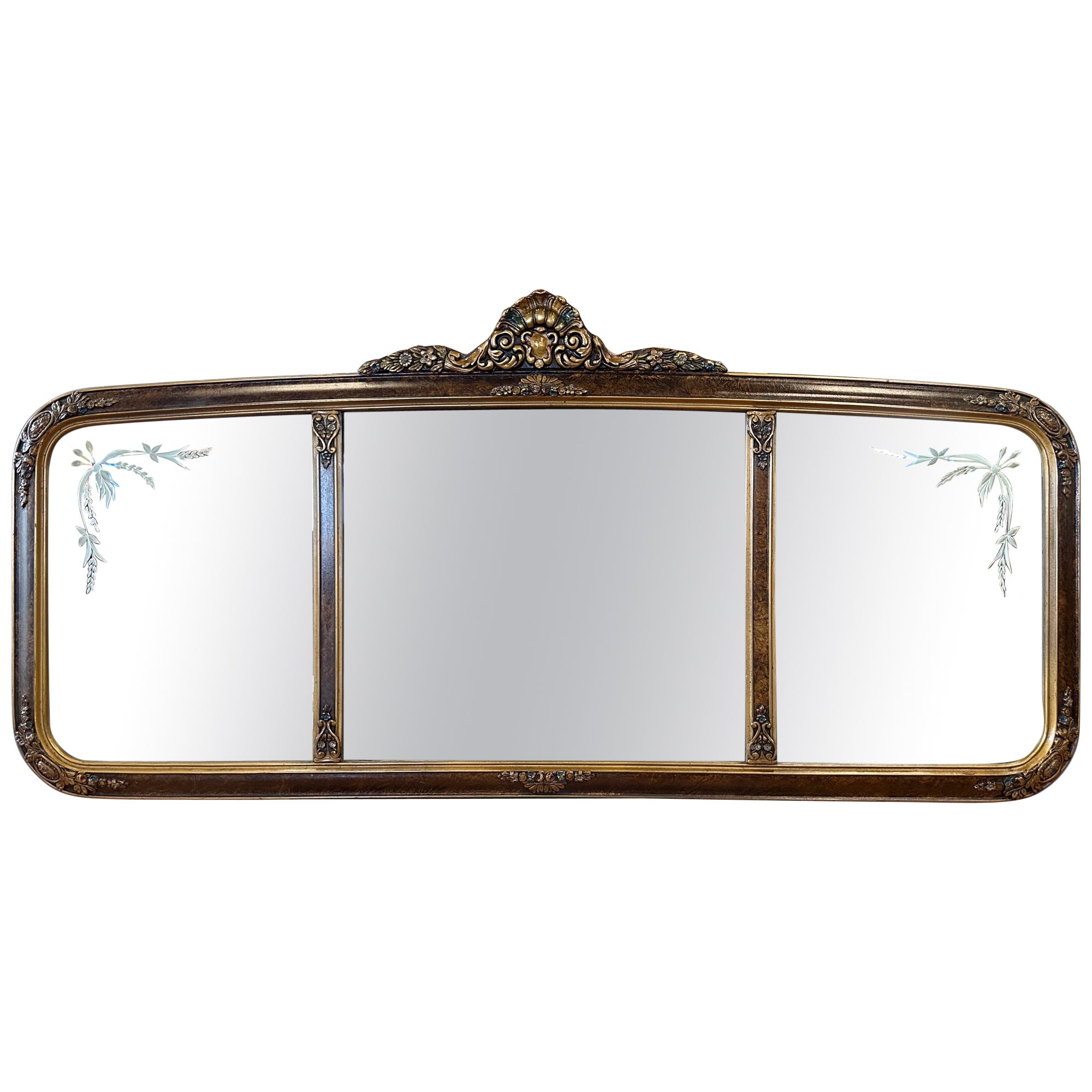 Edwardian Hand-Crafted and Painted Three-Panel Etched Glass Mantel Mirror, 1910 For Sale