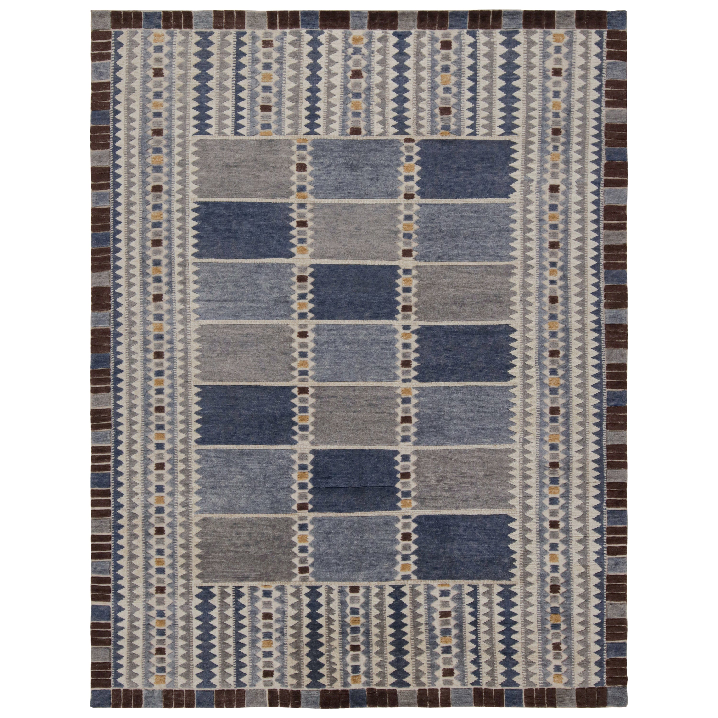 Rug & Kilim’s Scandinavian Style Custom Rug with Blue-Grey Patterns  For Sale