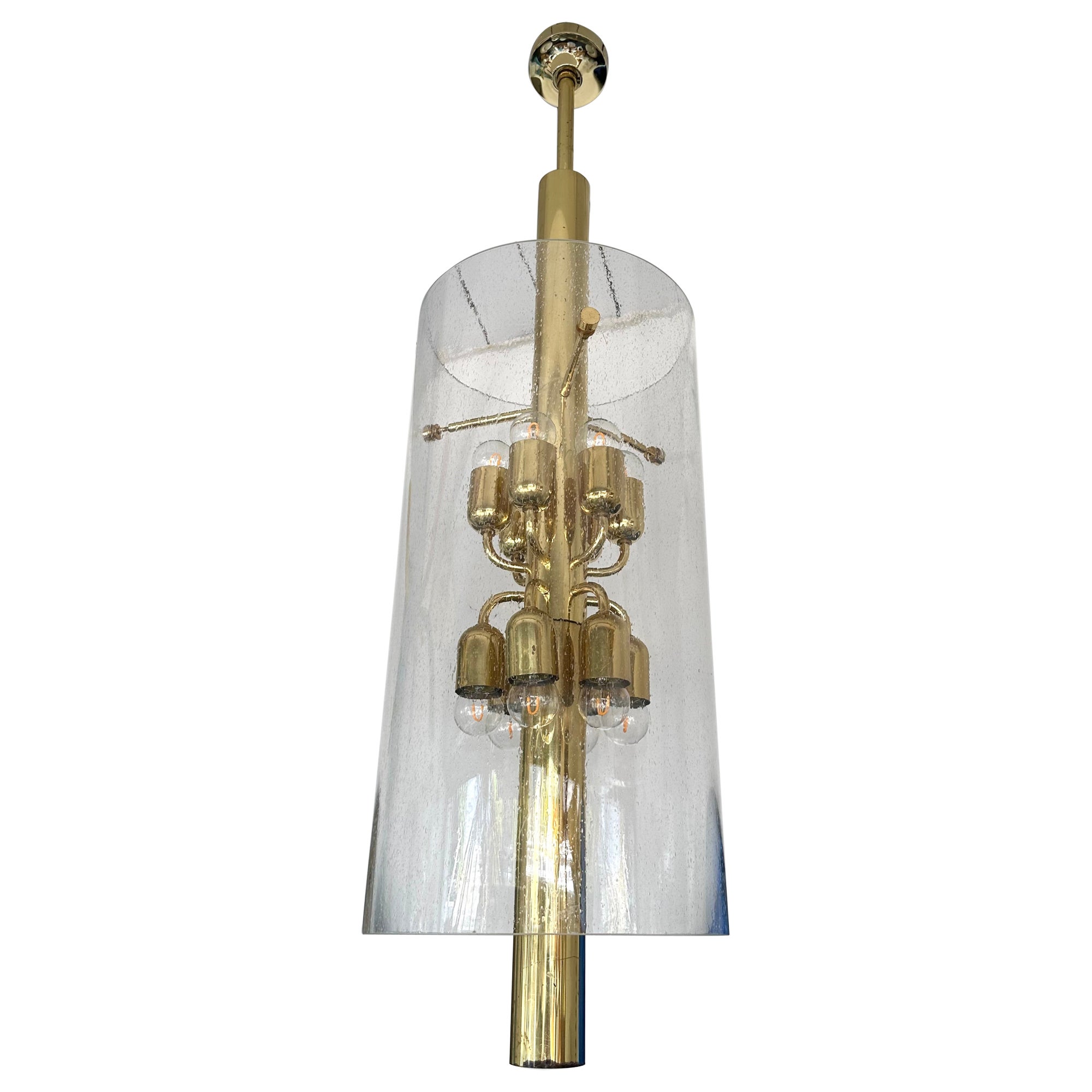 Brass and Glass Tube Chandelier. Italy, 1970s For Sale
