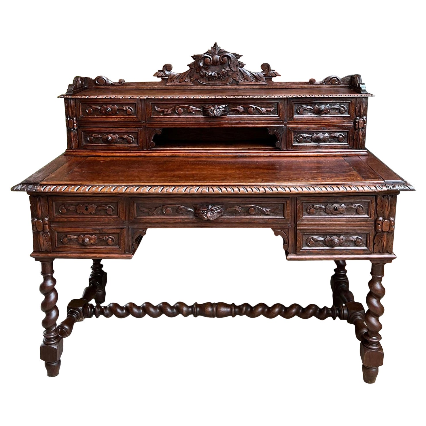 Antique French Renaissance DESK Barley Twist Carved Oak Office Library