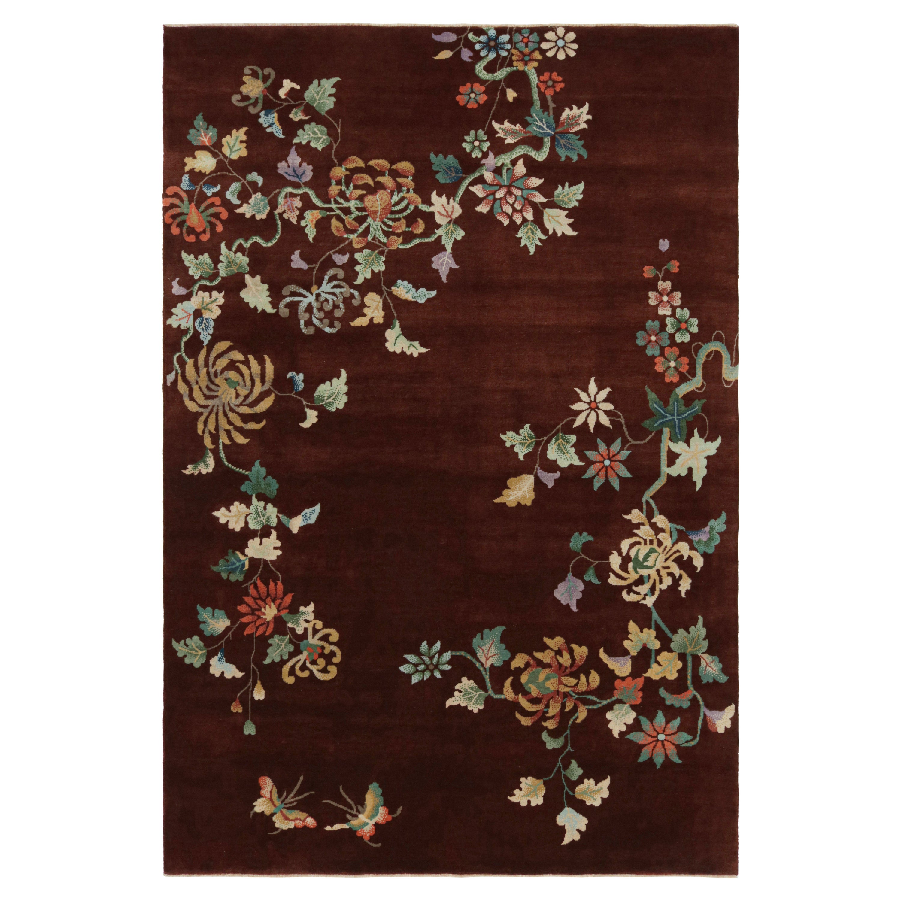 Rug & Kilim’s Chinese Art Deco Style Rug in Burgundy with Floral Patterns For Sale