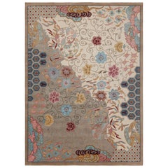 Rug & Kilim’s Chinese Art Deco Style Rug in Beige with Colorful Floral Patterns