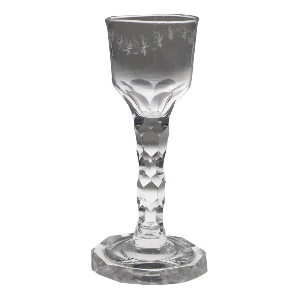 Very Rare Georgian Facet Cut Wine Glass with Octagonal Foot c1800