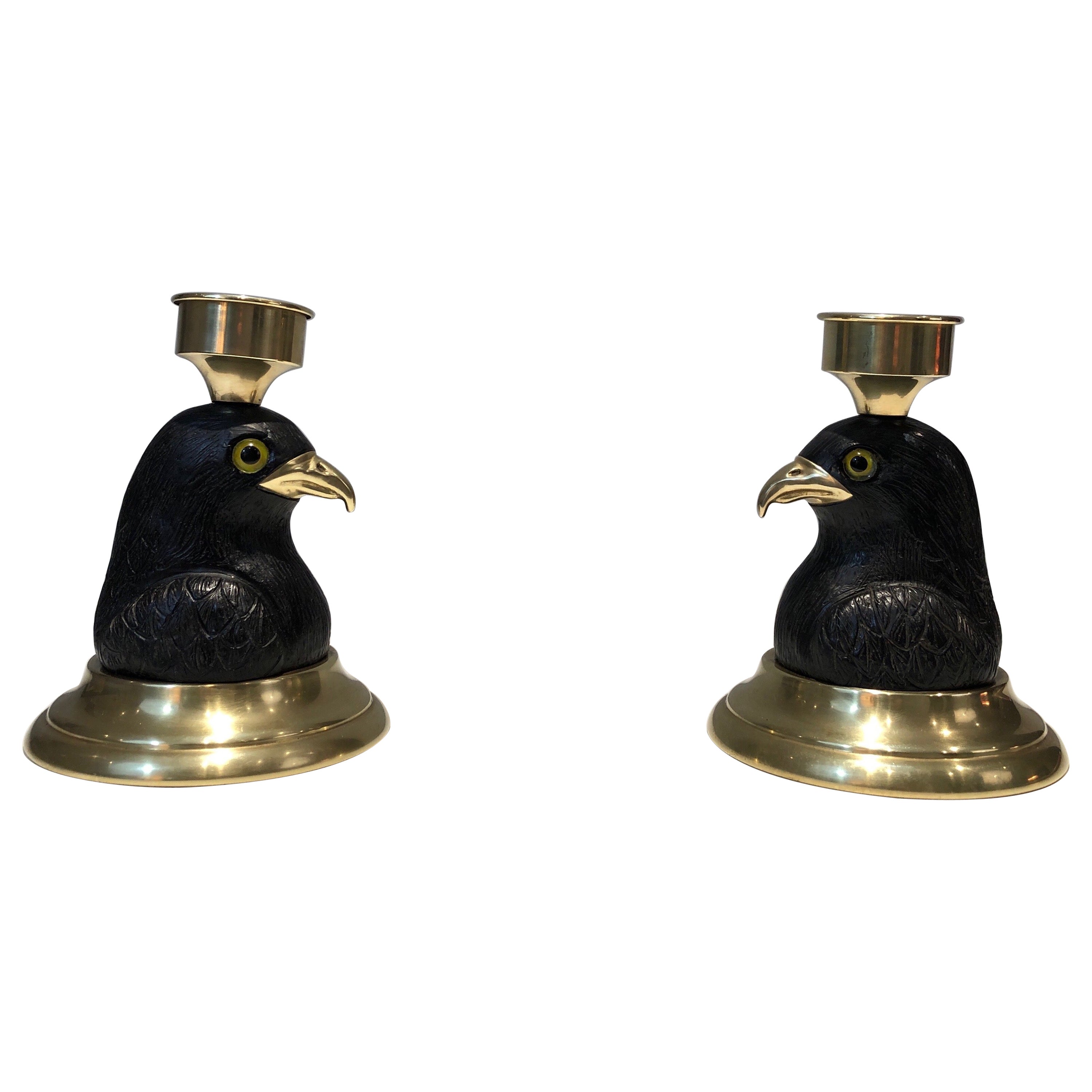 Pair of Candlesticks Representing Carved Wood Eagles with Brass Beaks and Glass  For Sale