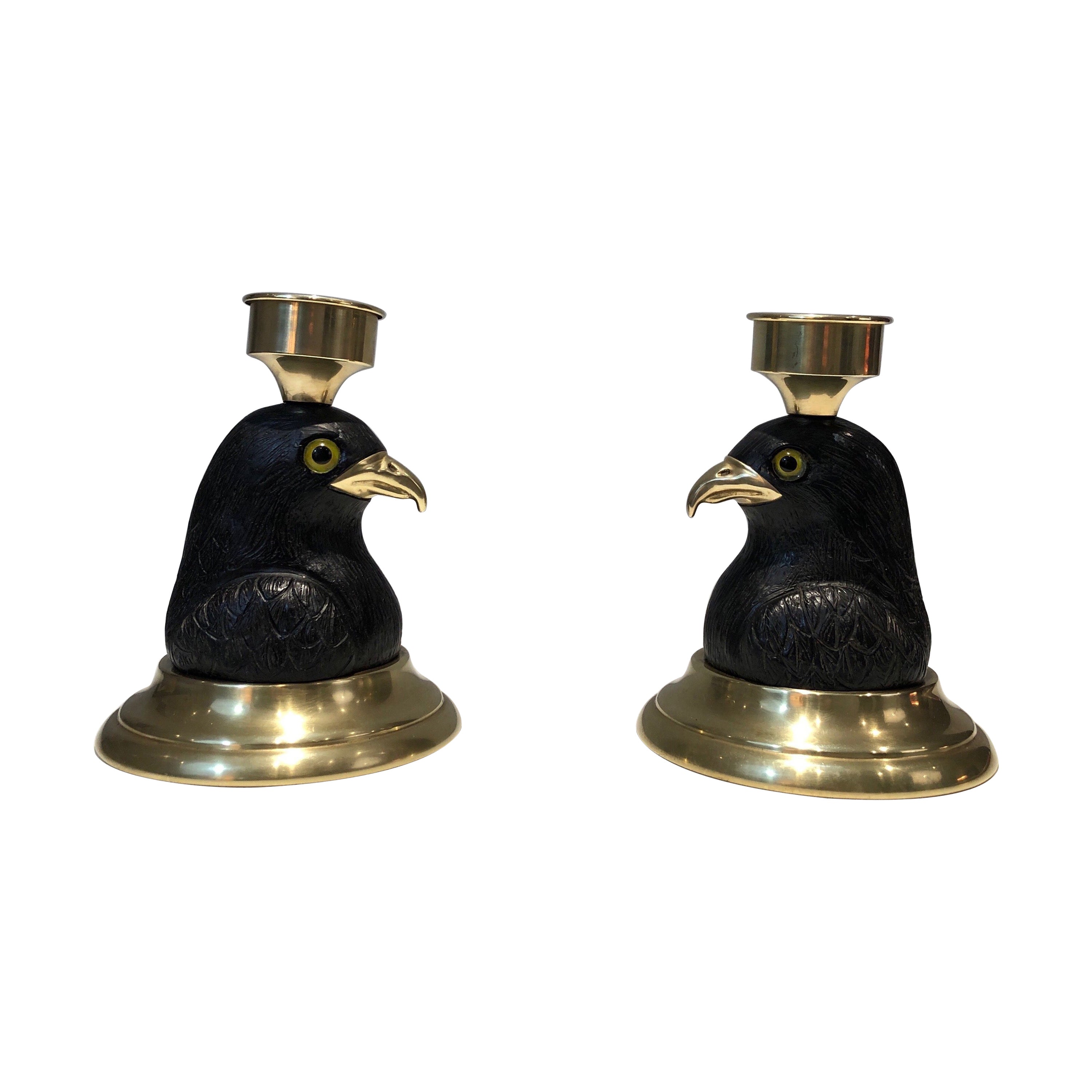 Pair of Candlesticks Representing Carved Wood Eagles with Brass Beaks and Glass