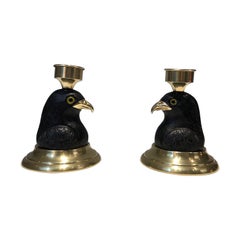 Pair of Candlesticks Representing Carved Wood Eagles with Brass Beaks and Glass