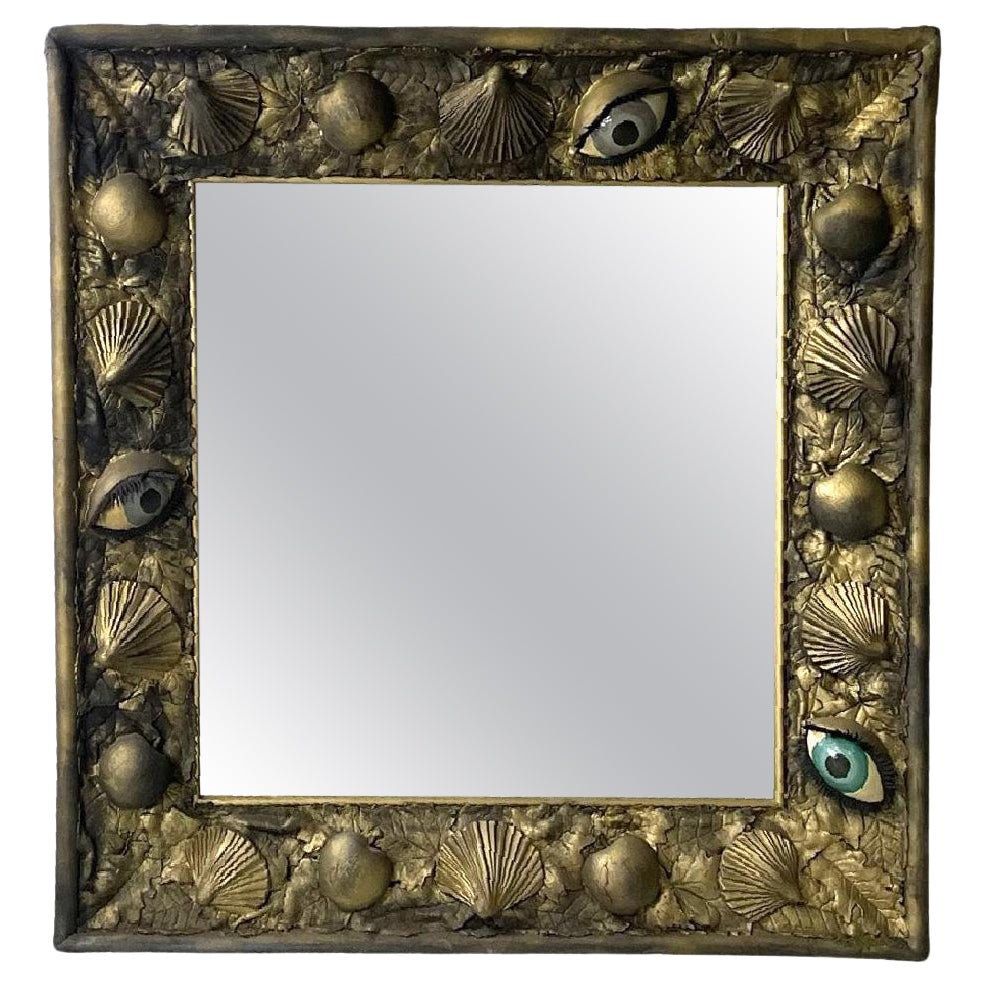 Italian modern square wall mirror foam rubber frame with eyes decorations, 1980s