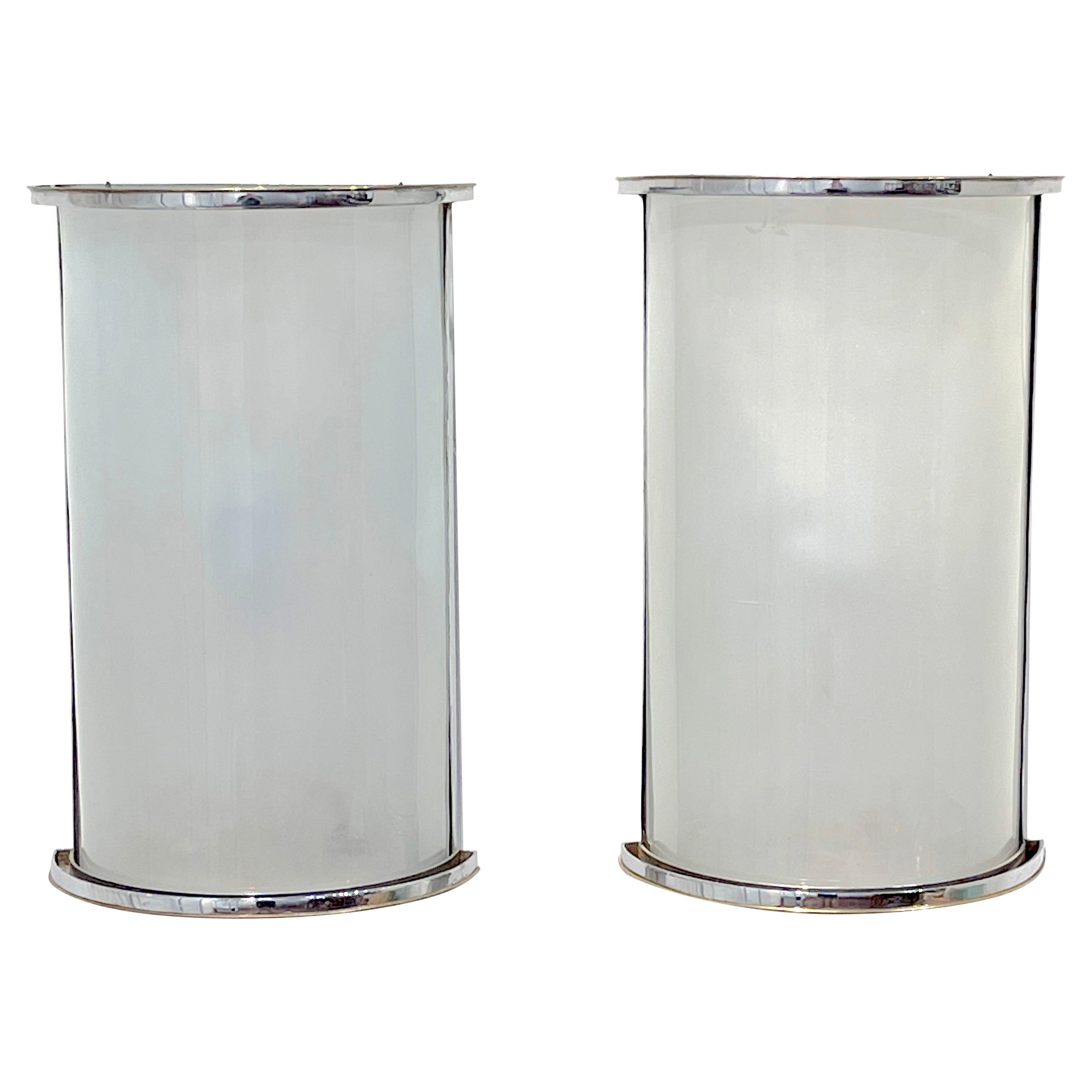 Pair of Austrian Bauhaus Silverplated Brass Frosted Glass Sconces  For Sale