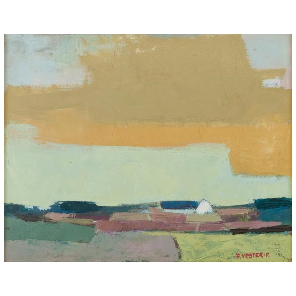 Frans Vester-Pedersen (1934-1972). Modernistische Landschaft mit Feldern und einer Farm.