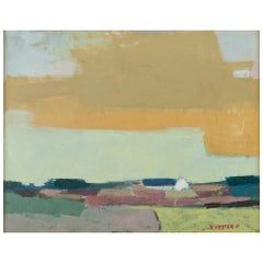 Frans Vester-Pedersen (1934-1972). Modernist landscape with fields and a farm.