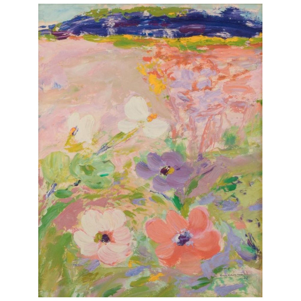 Kerttu Kuikanmäki., Finnish artist. Oil on board. Flowers in a summer landscape For Sale