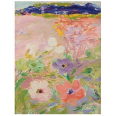 Kerttu Kuikanmäki., Finnish artist. Oil on board. Flowers in a summer landscape
