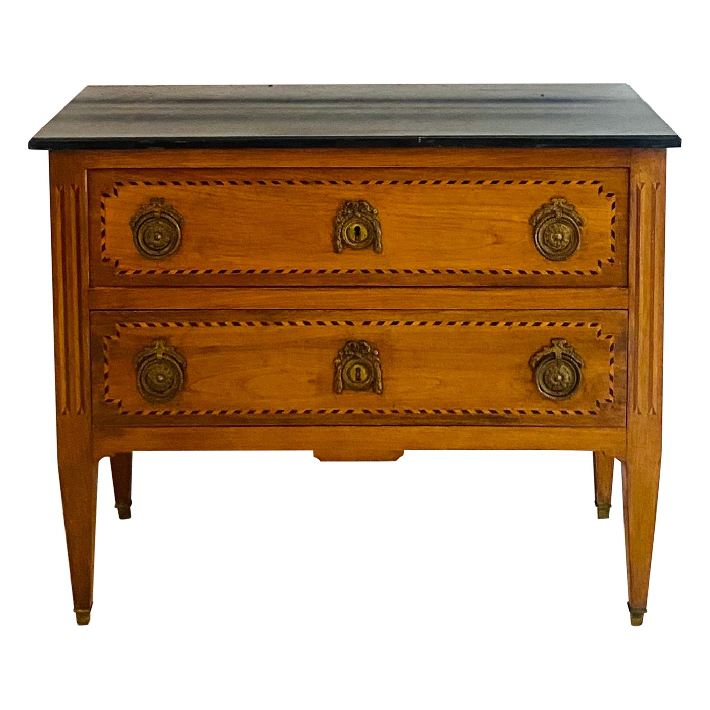 French Commode Chest of Drawers Louis XVI 18th - Black Marble Marquetry - France For Sale