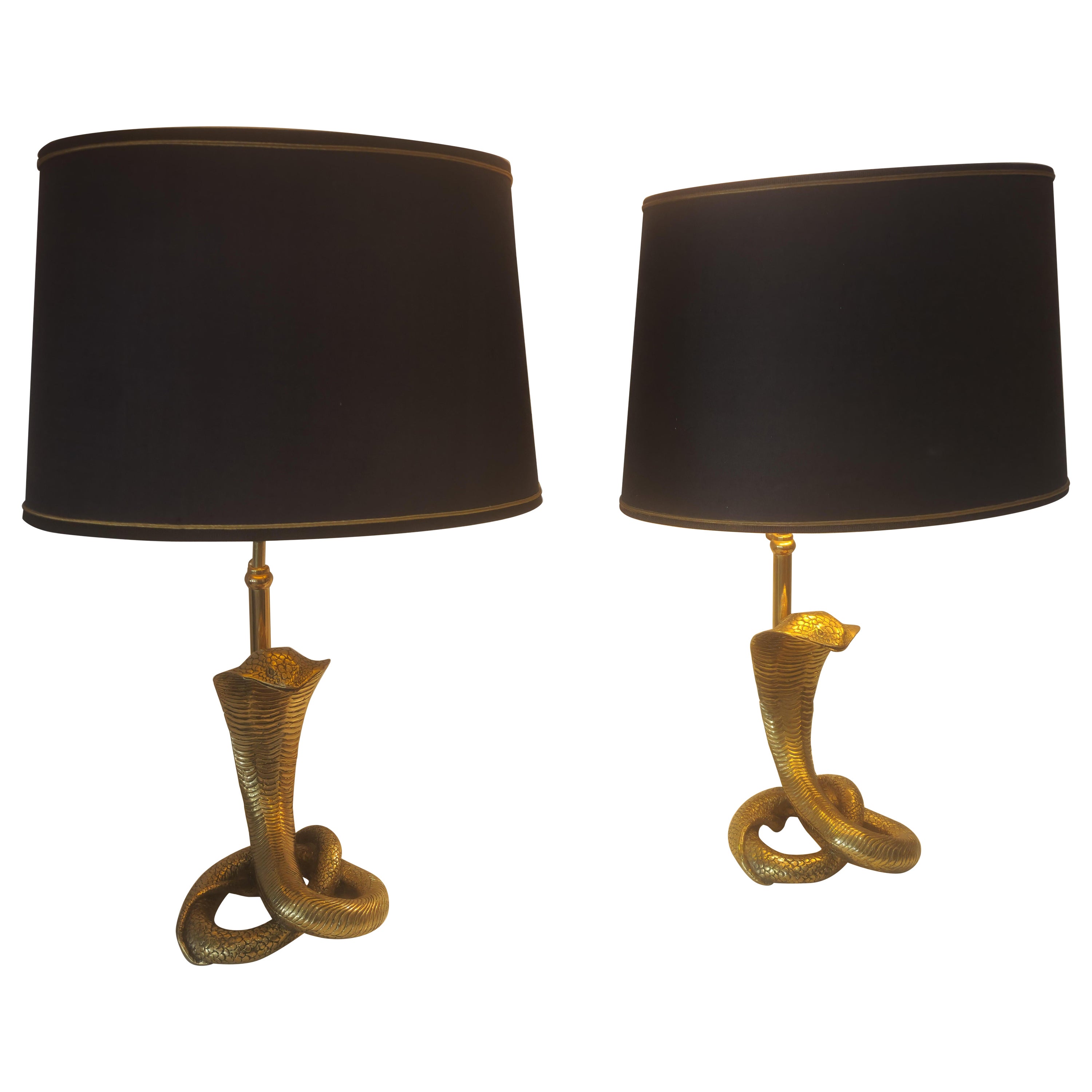 Full Brass Cobra Table Lamps, Maison Jansen Style For Sale