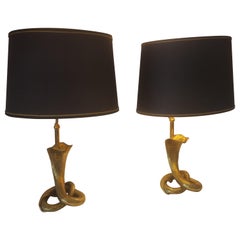 Vintage Full Brass Cobra Table Lamps, Maison Jansen Style