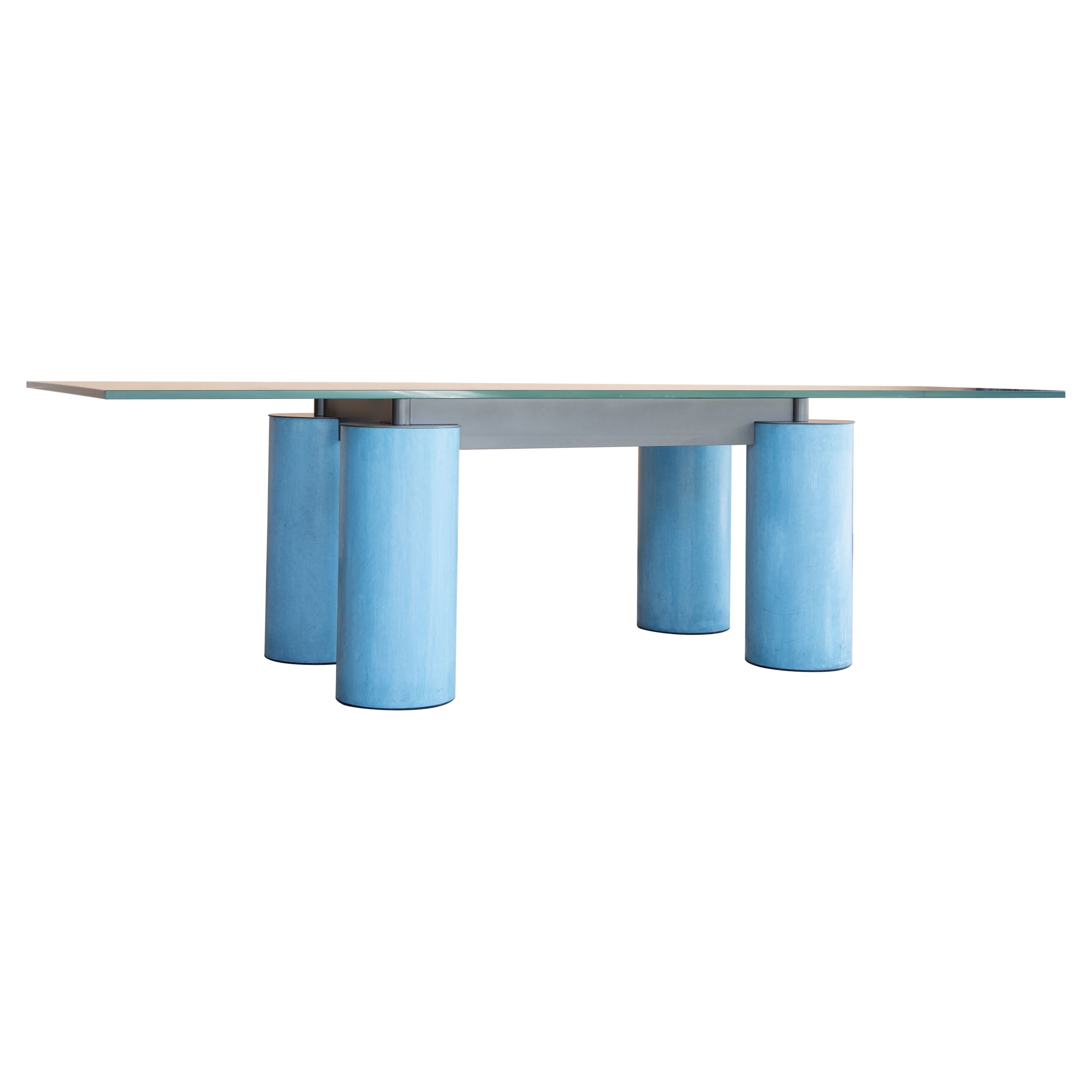 1990s Serenissimo Acerbis Glass Top and Blue Stucco Columns legs Desk Table