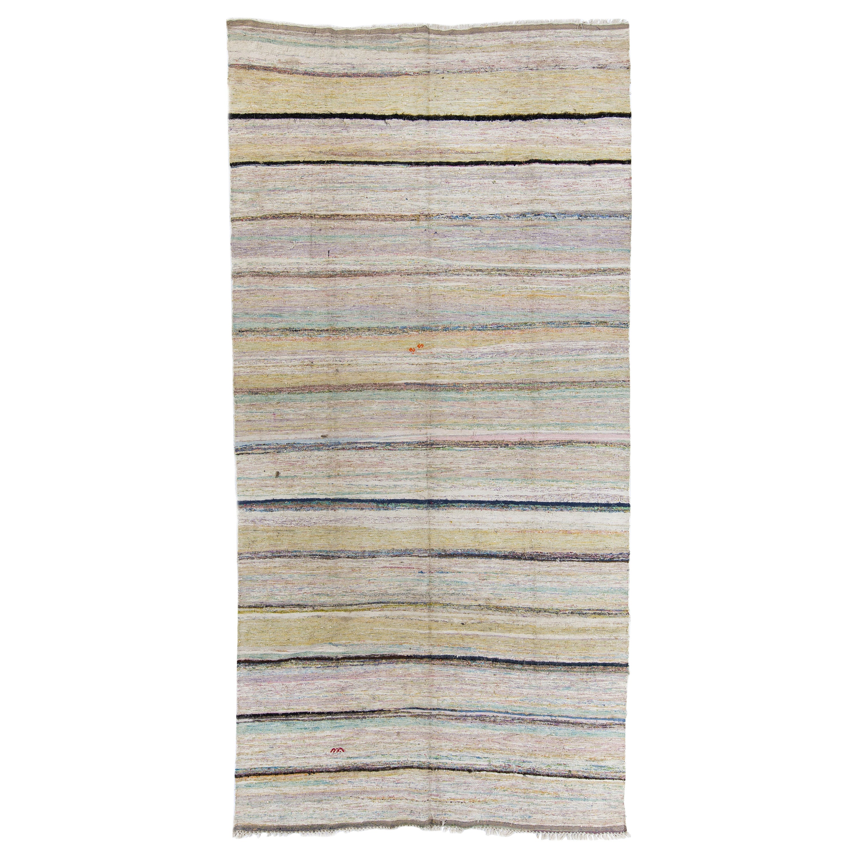 6.5x12.8 Ft Cotton Hand-Woven Striped Kilim Rug in Pastel Colors, Reversible For Sale