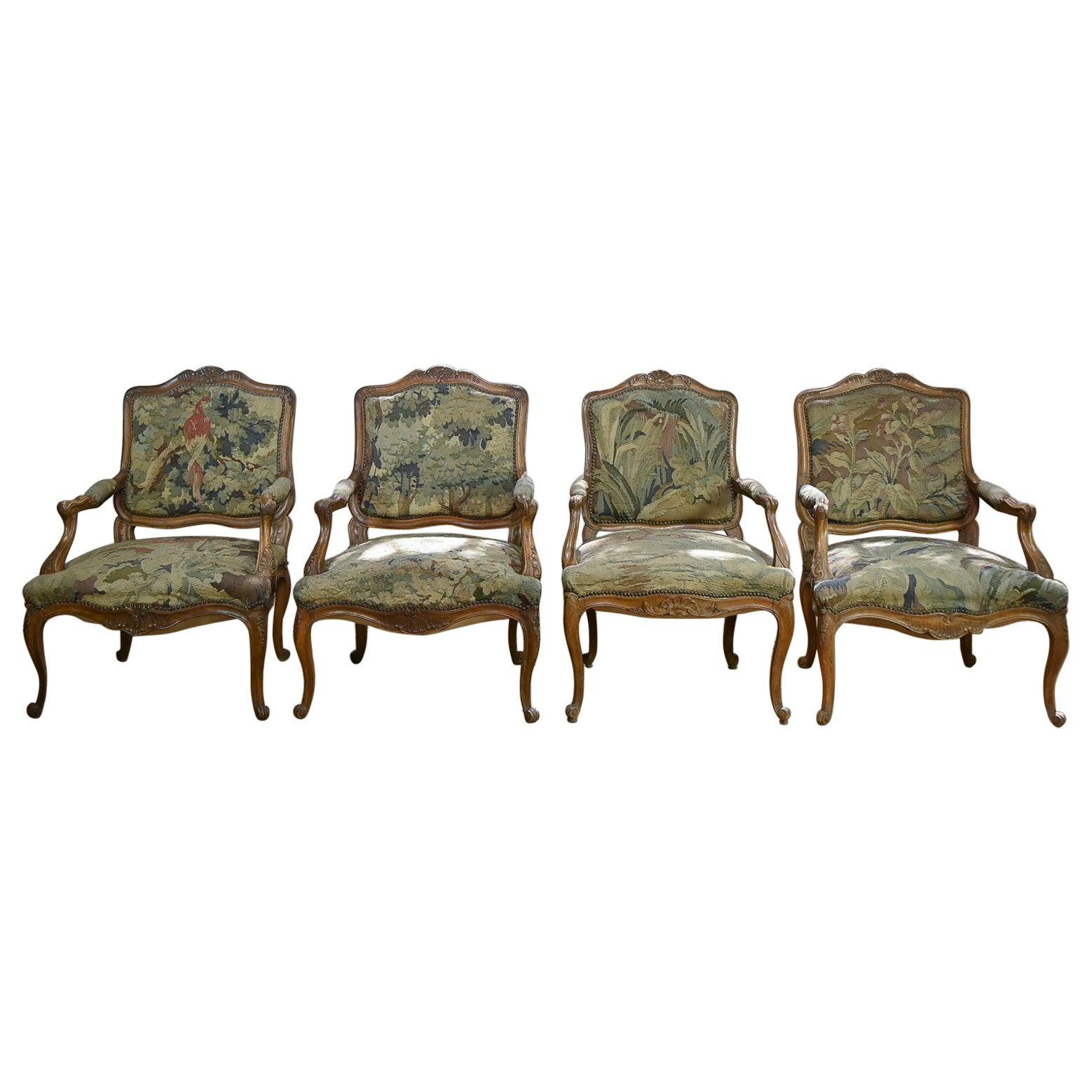 A Set Of Four 19th Century French Louis XV Fauteuils Open Armchairs For Sale