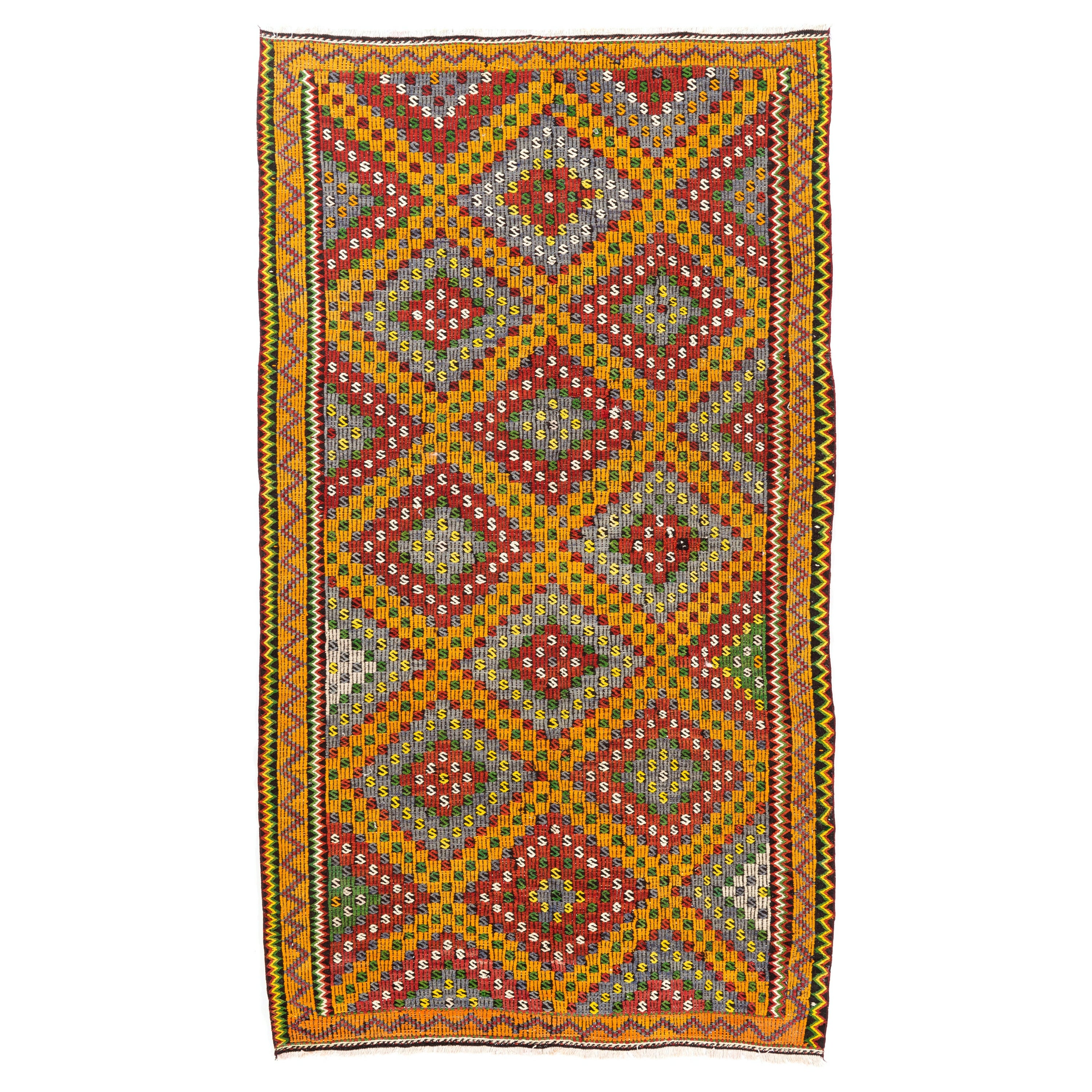 Kilim turco de 6x10,7 pies en colores rojo, amarillo, verde y gris. Alfombra Jijim deslumbrante