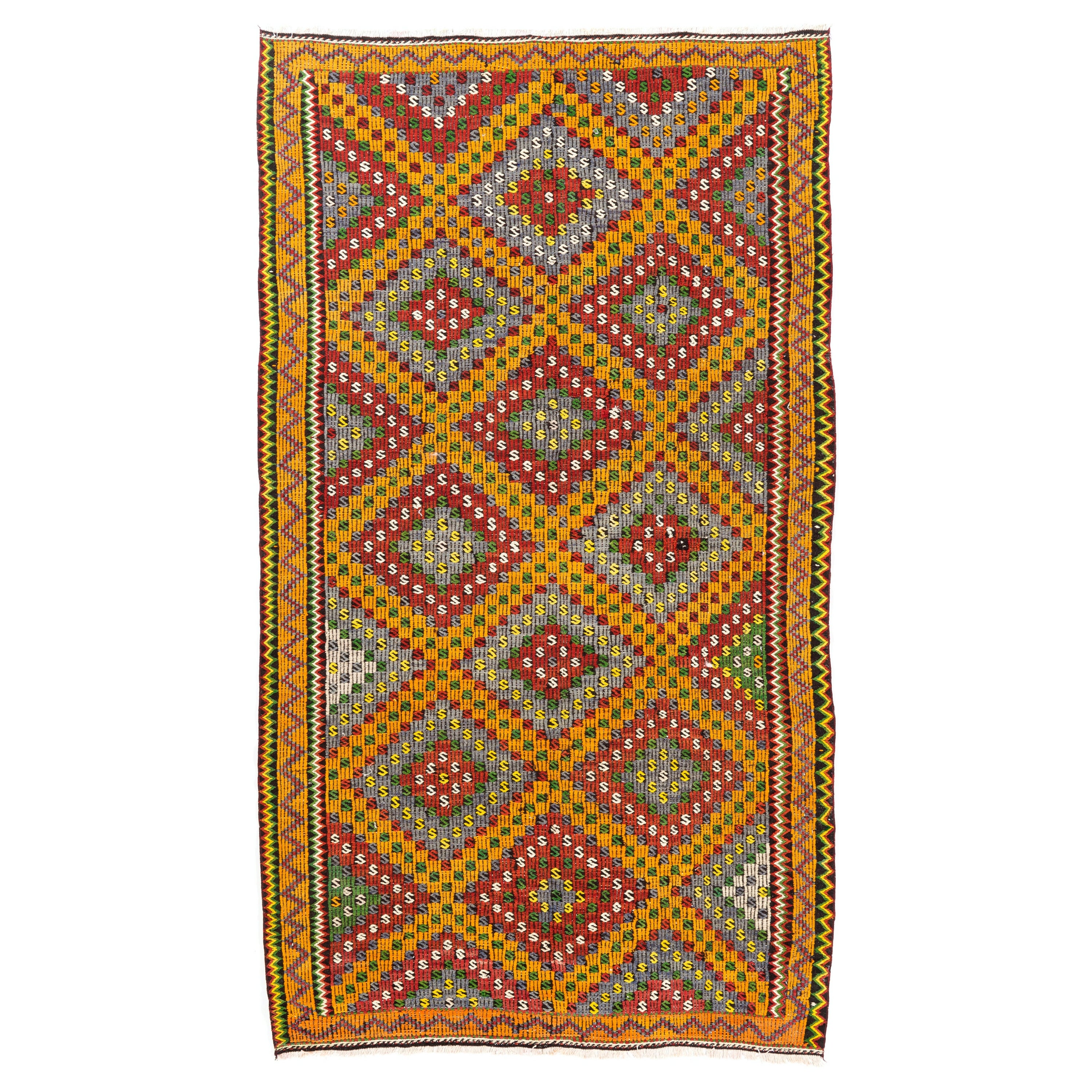 6x10.7 Ft Turkish Kilim in Red, Yellow, Green & Gray Colors. Dazzling Jijim Rug